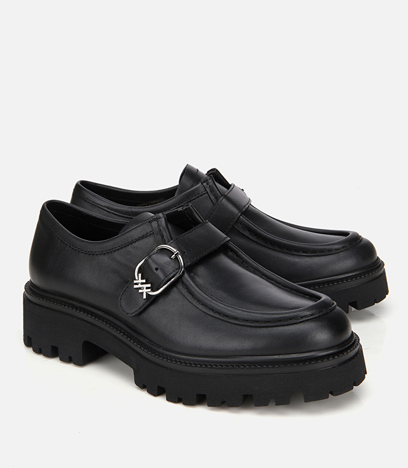 Kadın Deri Siyah Tokalı Kalın Tabanlı Günlük Loafer