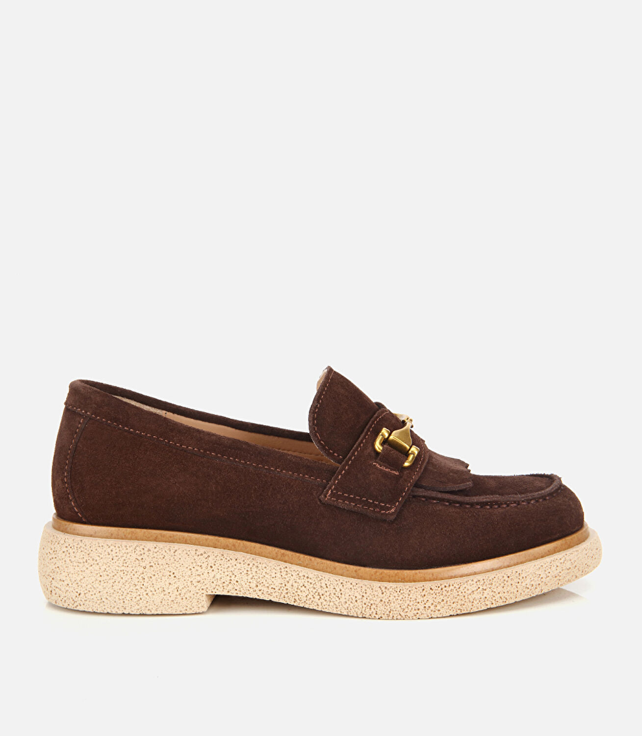 Kadın Süet Deri Kahverengi Püsküllü Tokalı Günlük Loafer