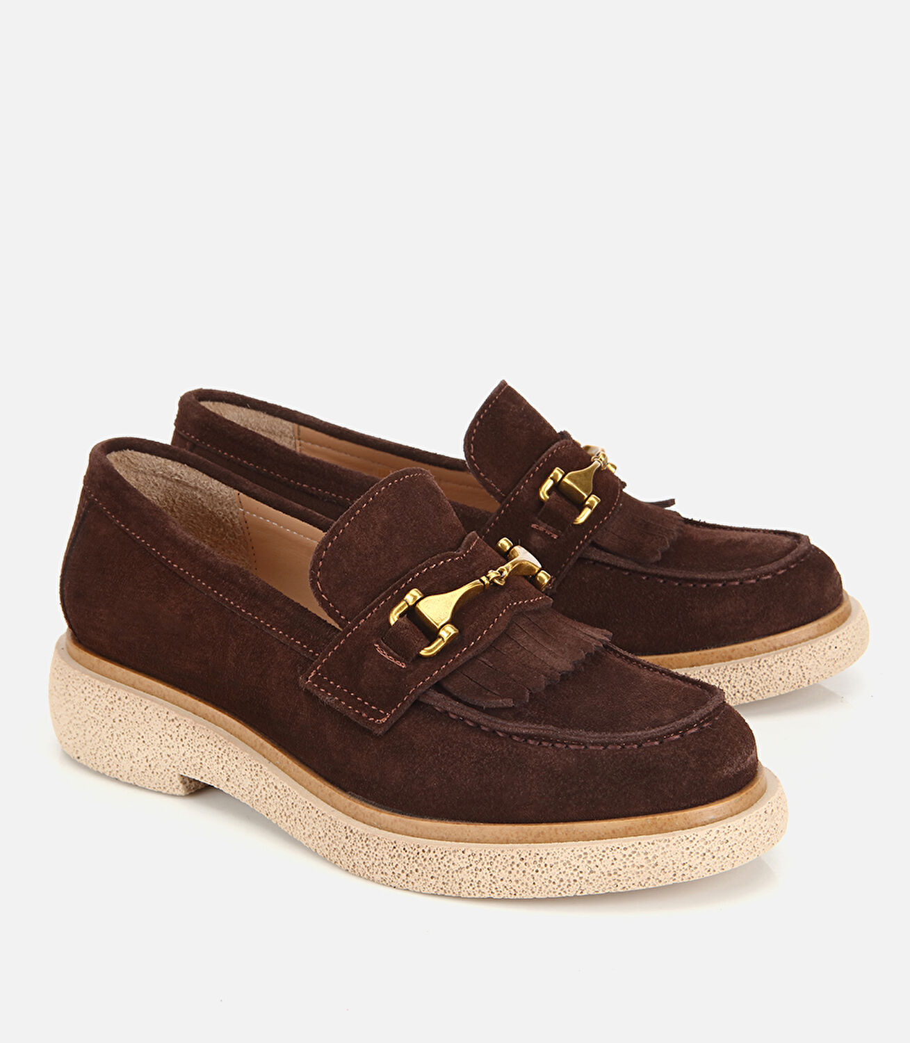 Kadın Süet Deri Kahverengi Püsküllü Tokalı Günlük Loafer