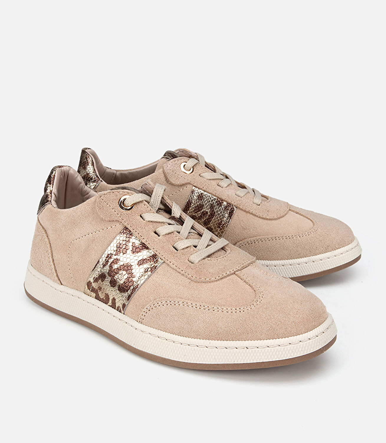 Kadın Süet  Deri Bej Leopar Desenli Spor Ayakkabı