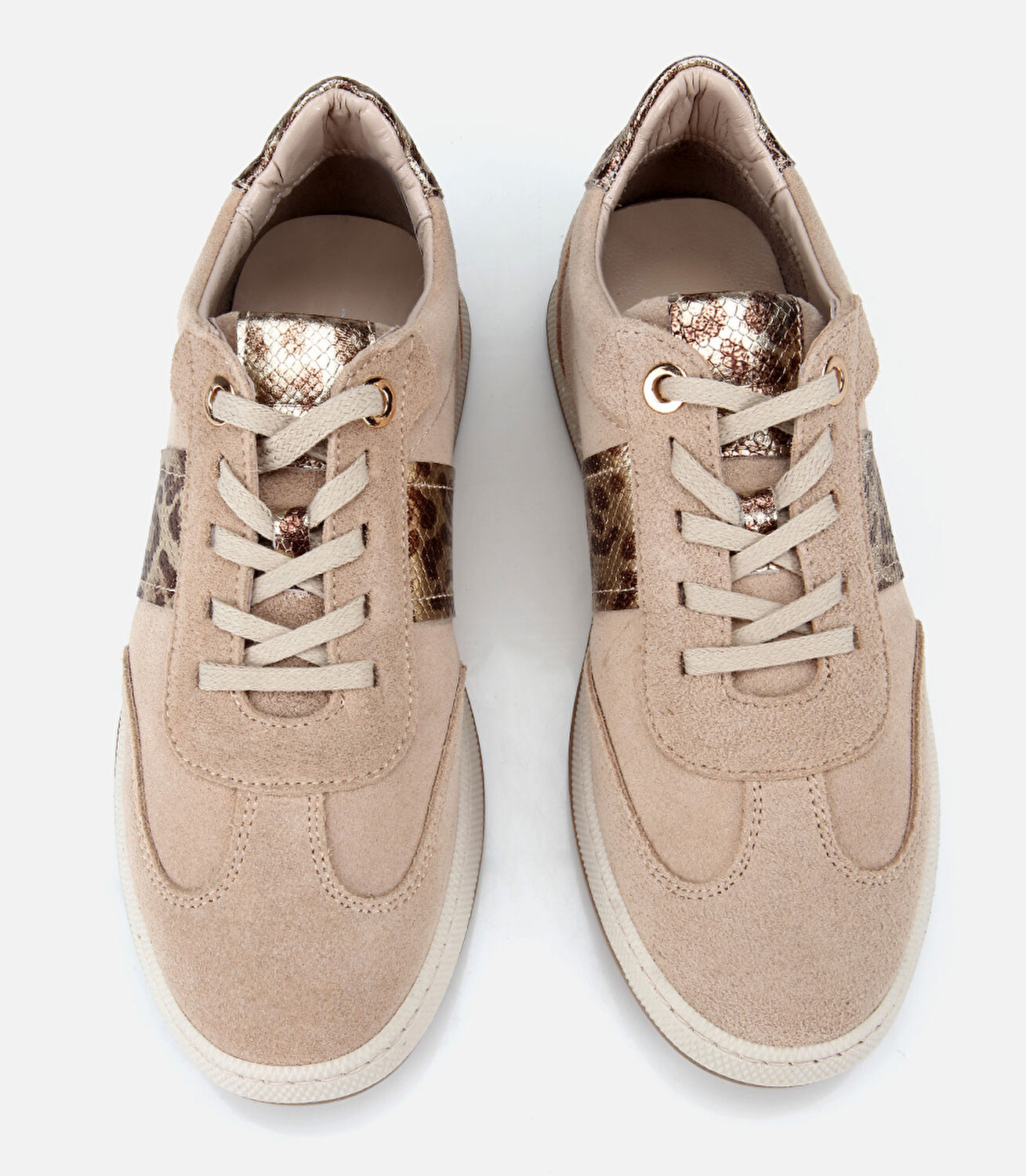 Kadın Süet  Deri Bej Leopar Desenli Spor Ayakkabı