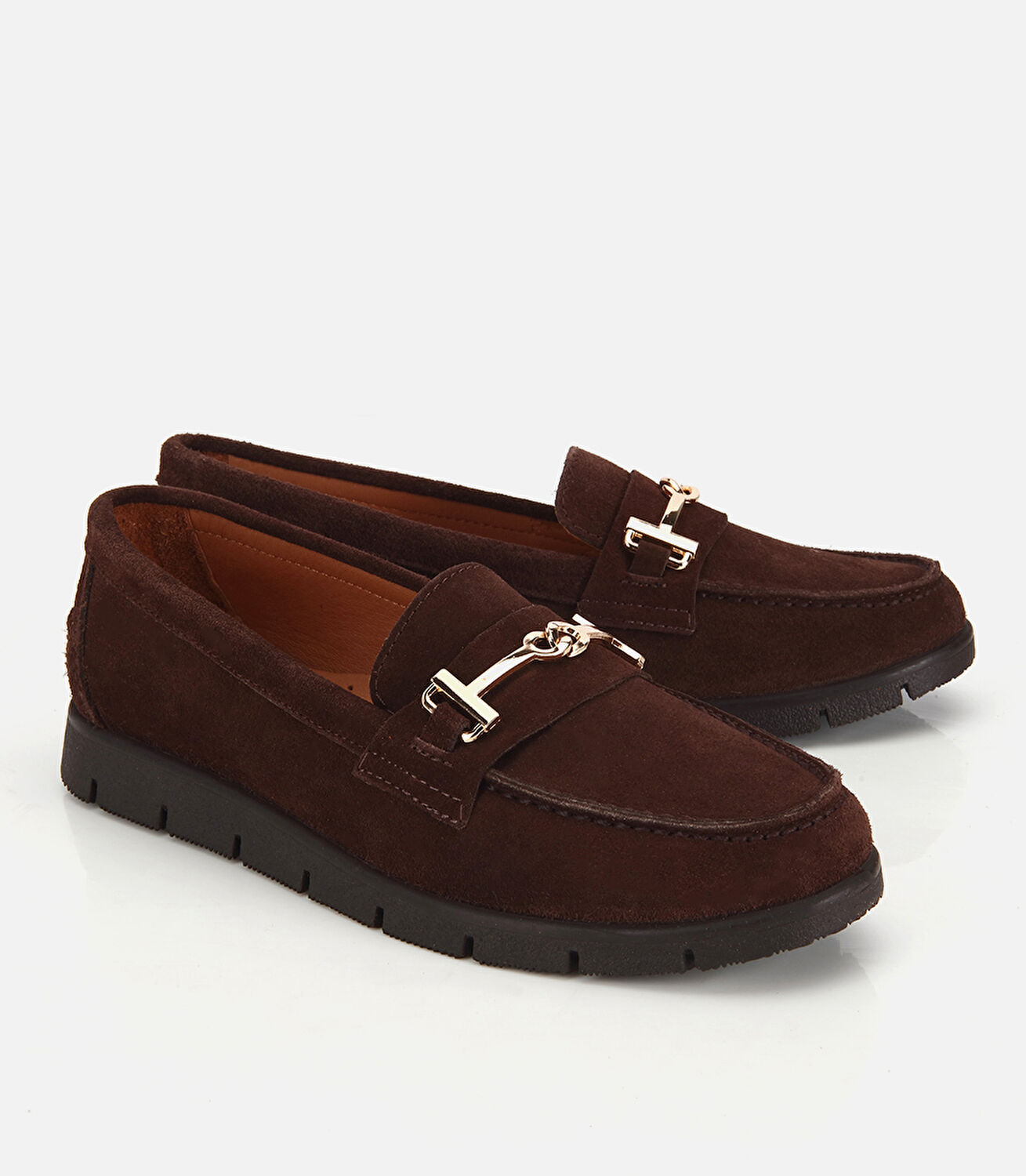 Kadın Süet Deri Kahverengi Yumuşak Tabanlı Tokalı Günlük Loafer