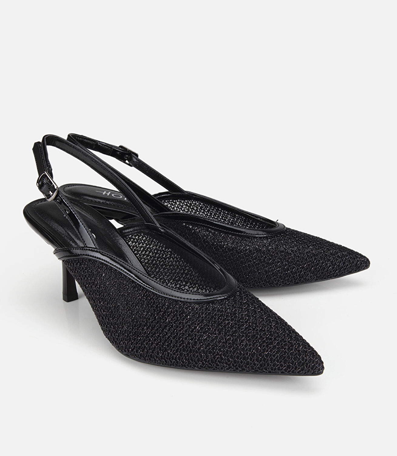 Kadın Siyah File Detaylı Kısa Topuklu Stiletto