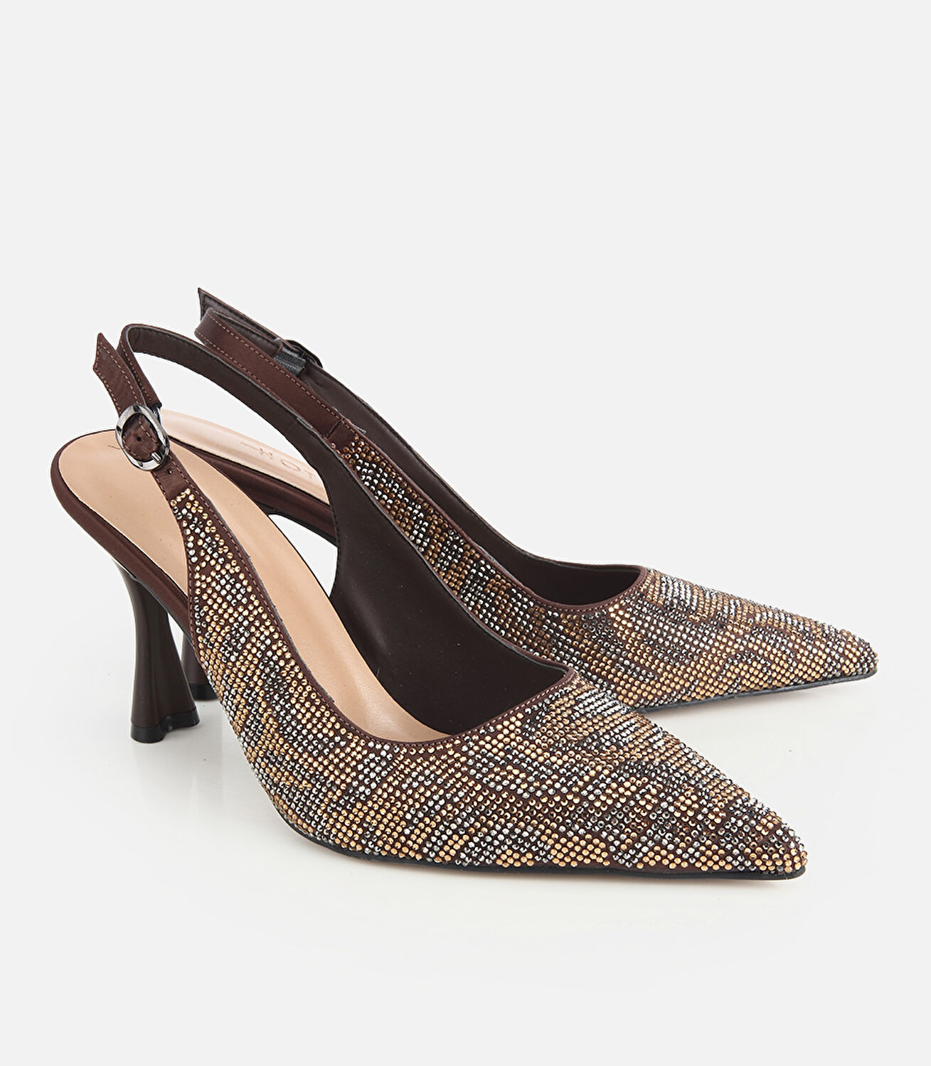 Kadın Kahverengi Arkası Açık Taşlı Stiletto