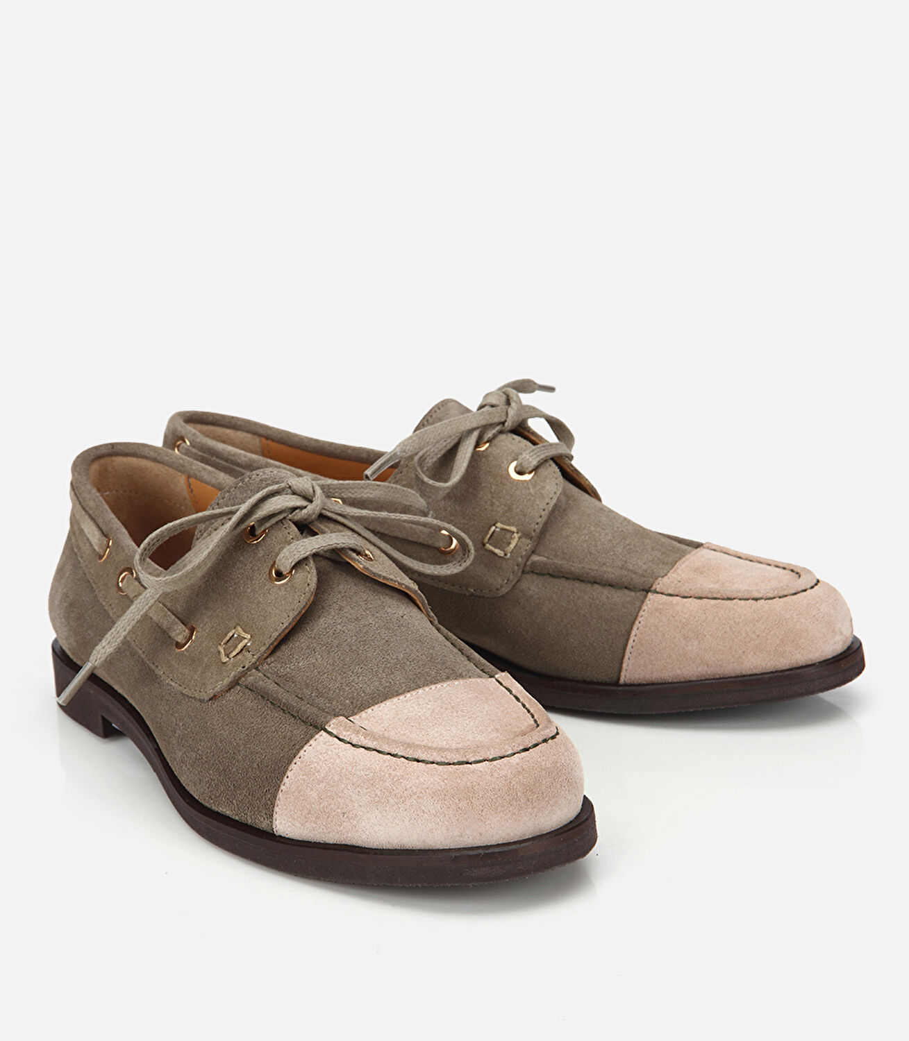 Kadın Süet Deri Bej/Haki Bağcık Detaylı Günlük Loafer