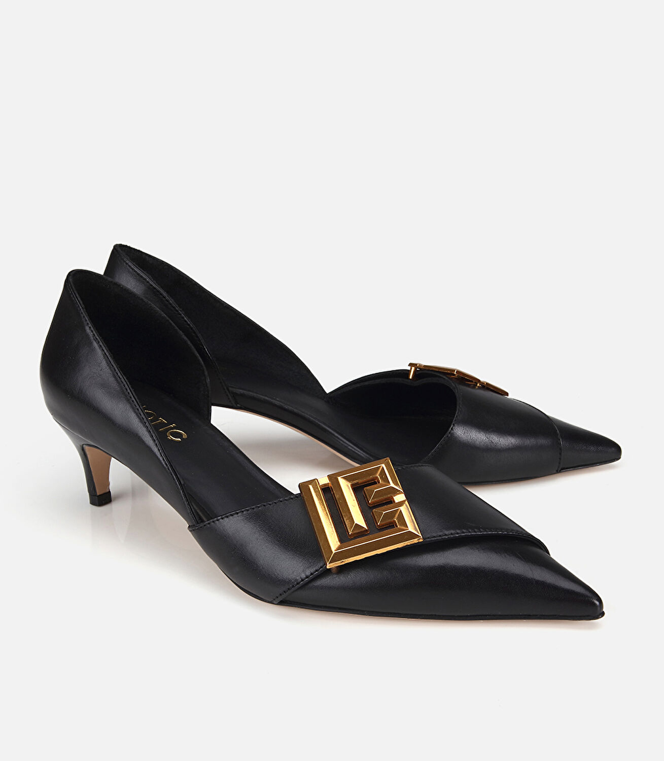 Kadın Siyah Deri Gold Tokalı Kısa Topuklu Stiletto