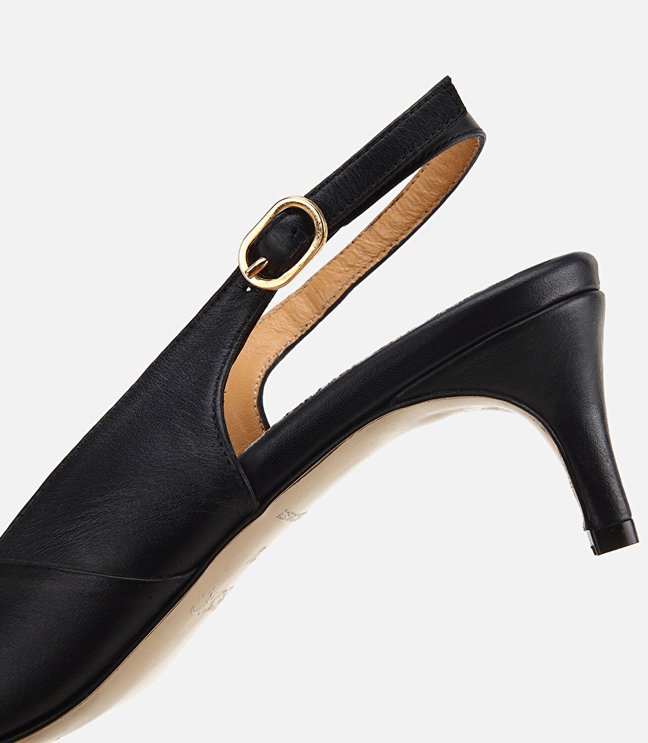 Kadın Deri Siyah Gold Tokalı Arkası Açık Kısa Topuklu Stiletto