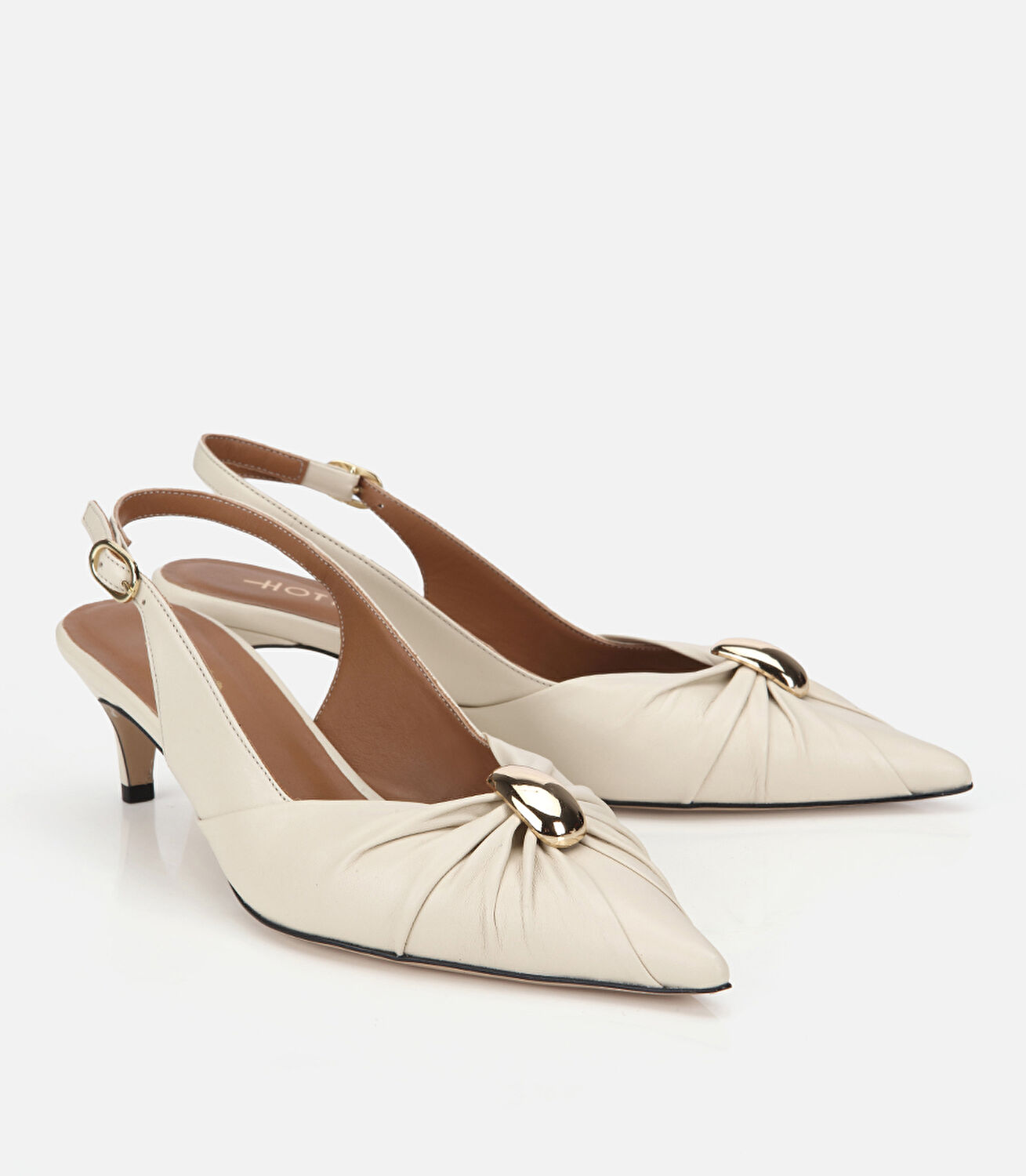 Kadın Deri Kemik Gold Tokalı Arkası Açık Kısa Topuklu Stiletto