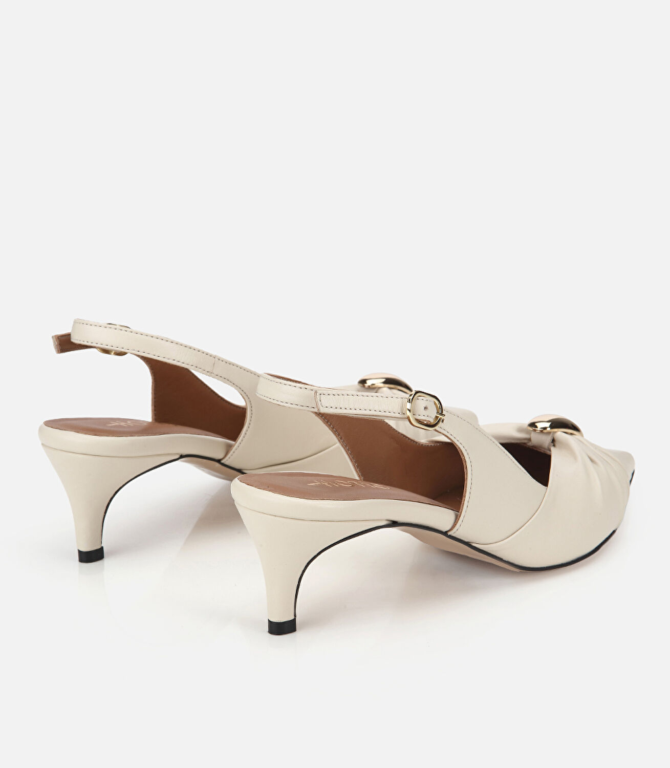 Kadın Deri Kemik Gold Tokalı Arkası Açık Kısa Topuklu Stiletto