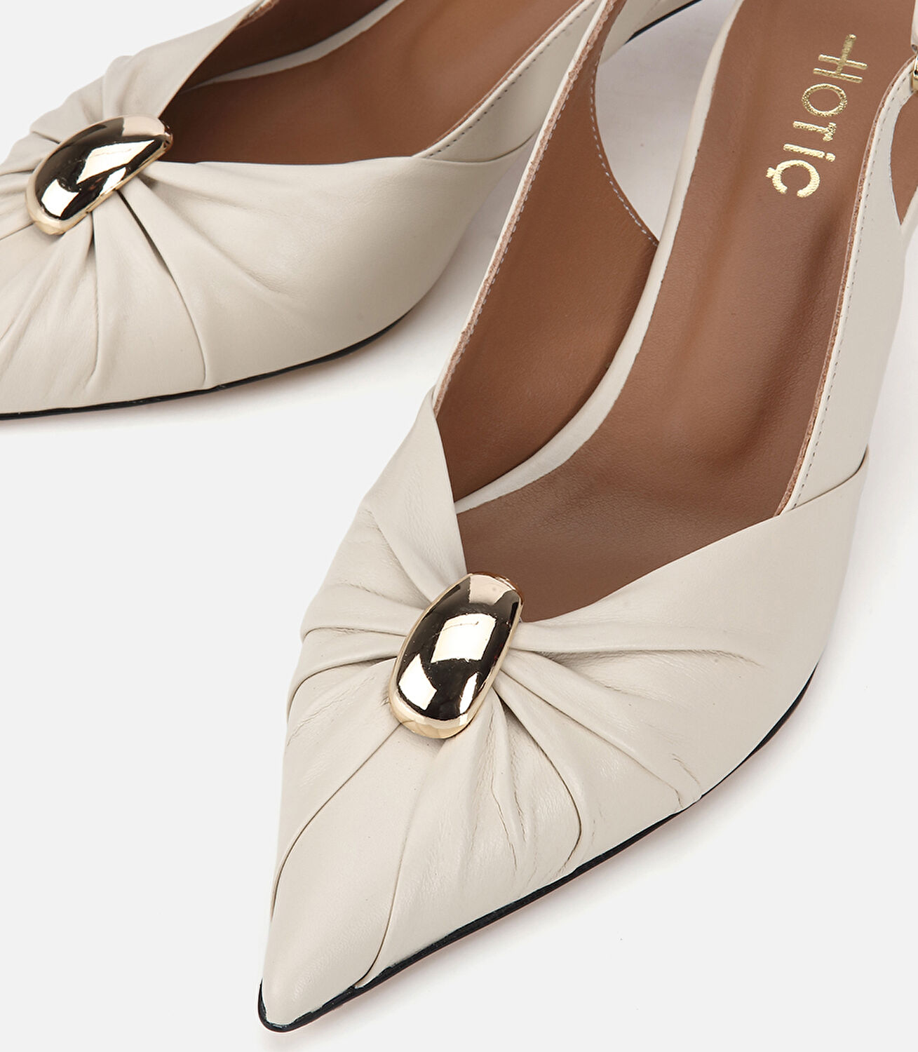 Kadın Deri Kemik Gold Tokalı Arkası Açık Kısa Topuklu Stiletto