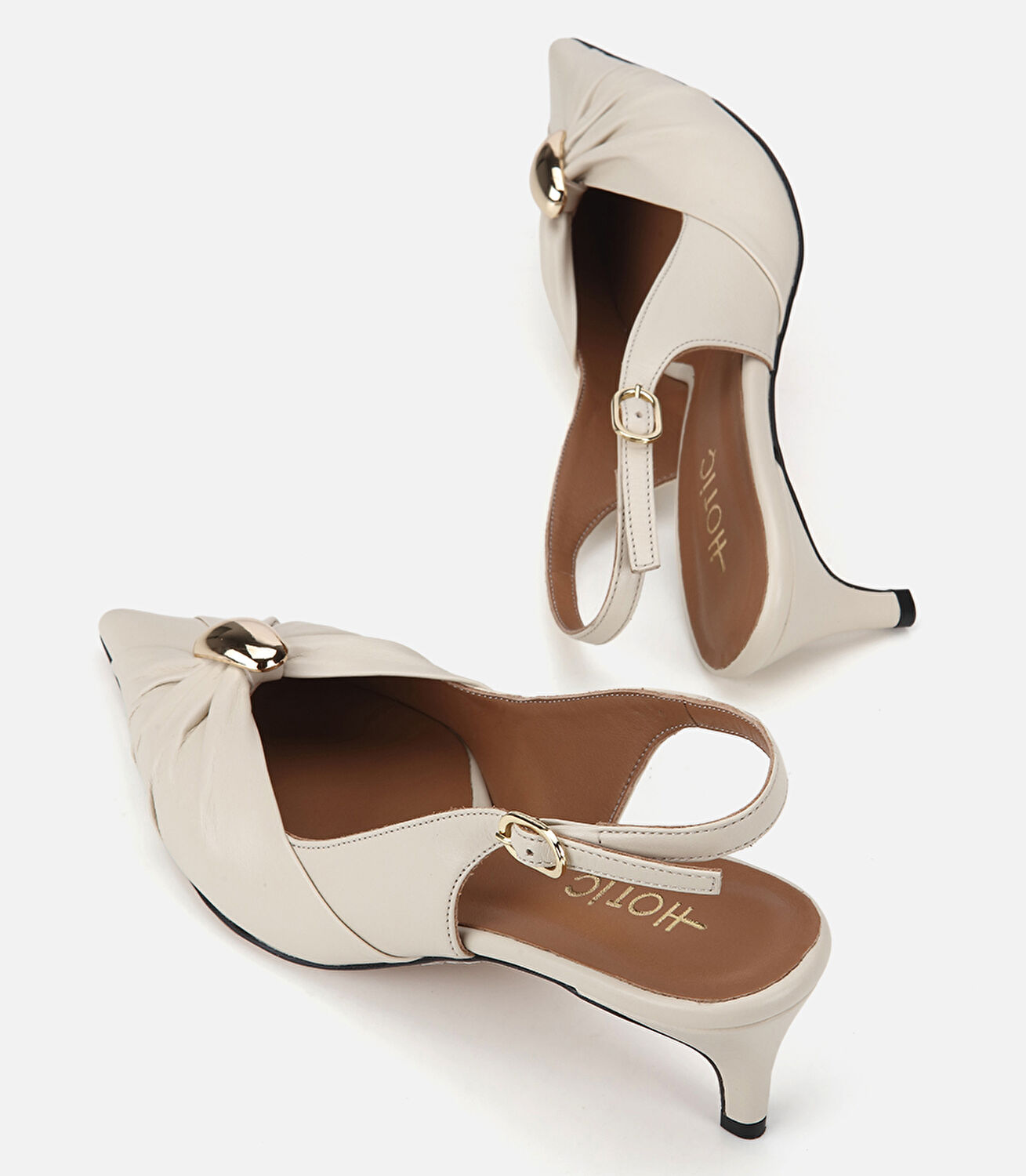 Kadın Deri Kemik Gold Tokalı Arkası Açık Kısa Topuklu Stiletto