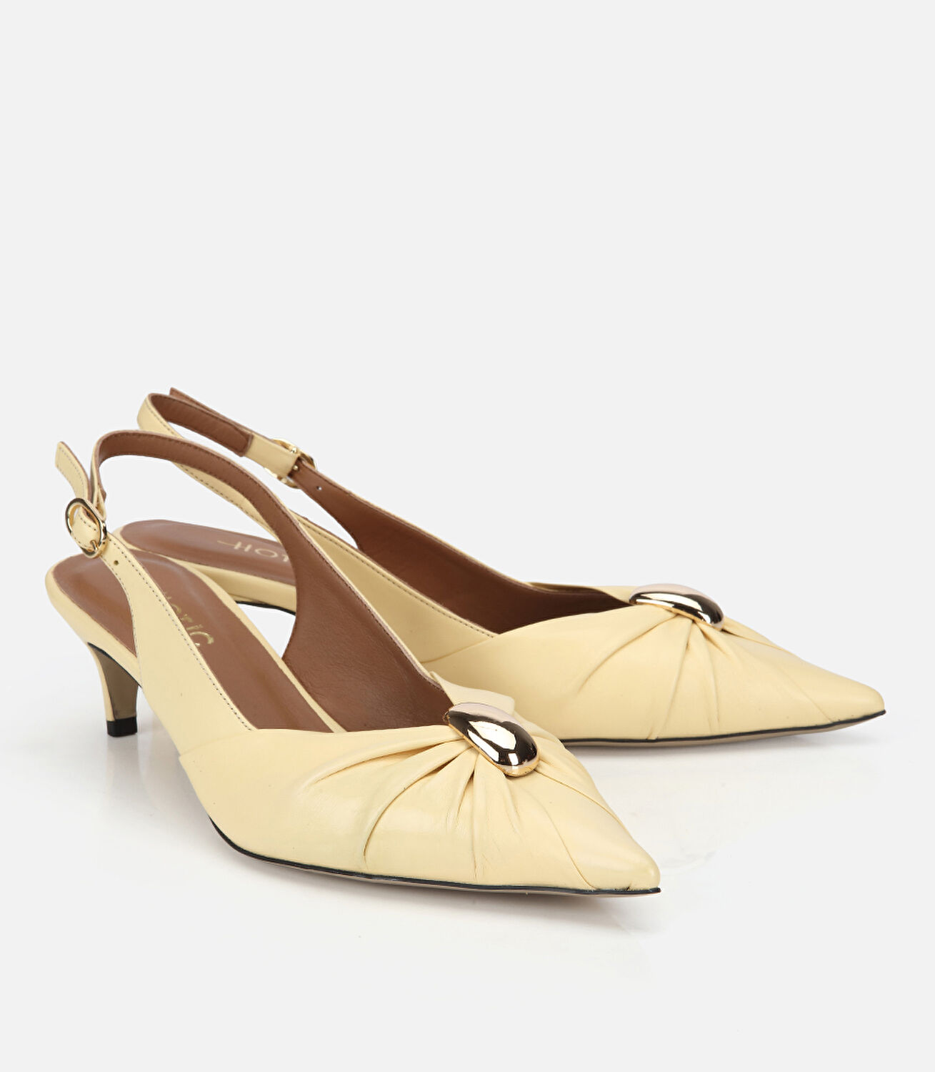 Kadın Deri Sarı Gold Tokalı Arkası Açık Kısa Topuklu Stiletto