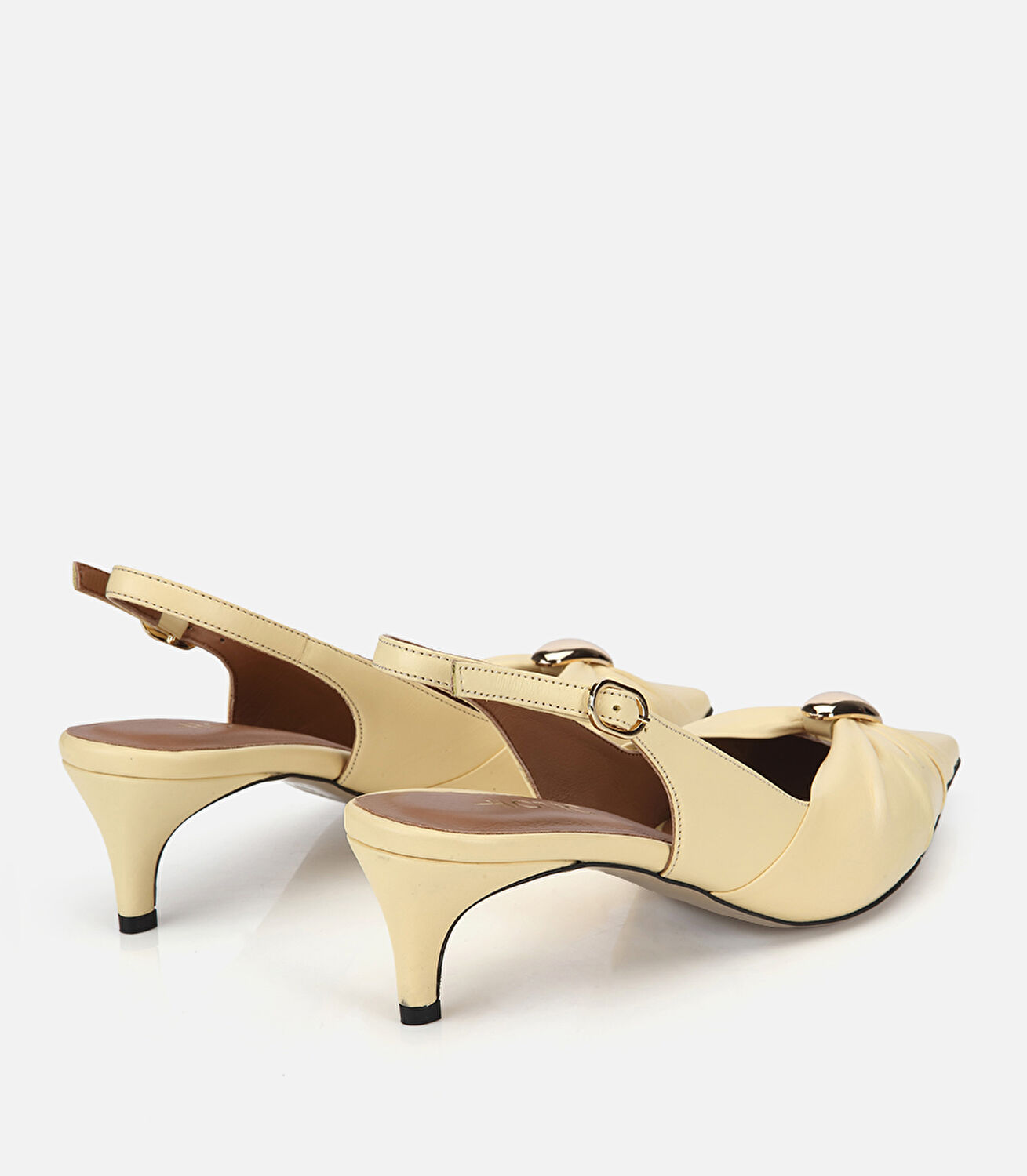 Kadın Deri Sarı Gold Tokalı Arkası Açık Kısa Topuklu Stiletto