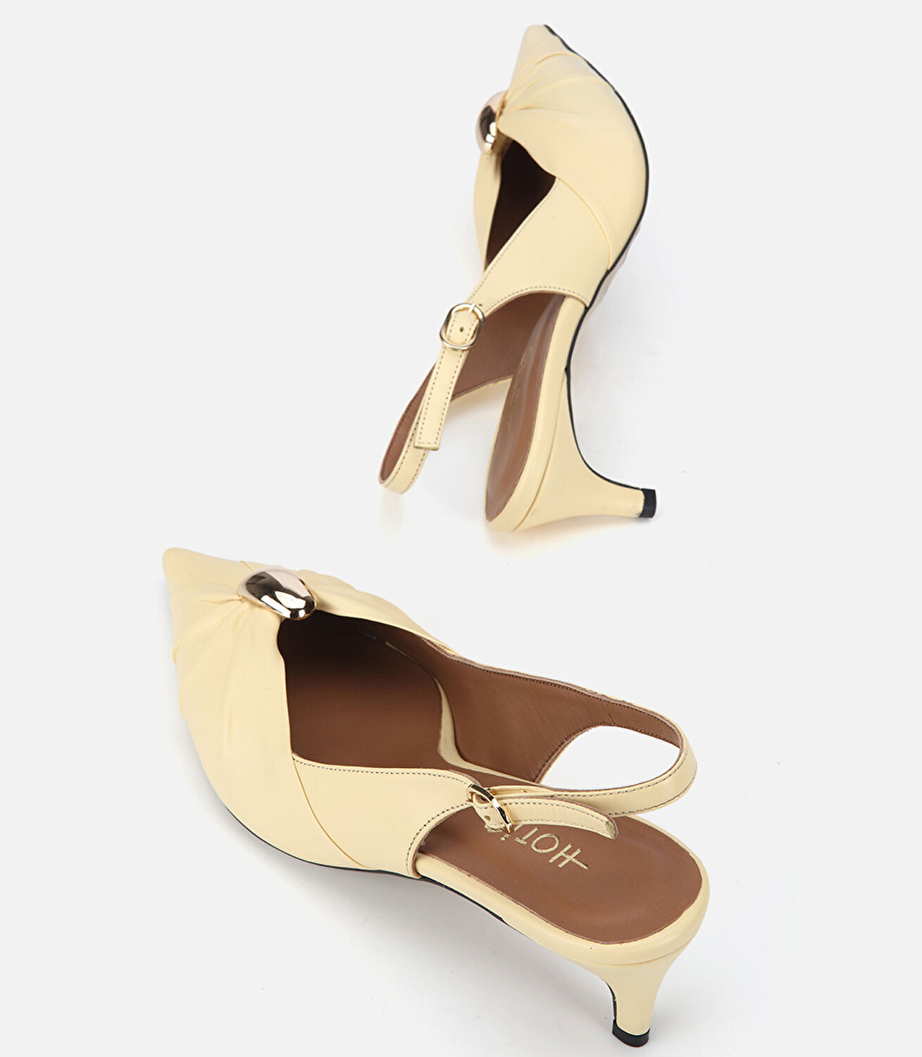 Kadın Deri Sarı Gold Tokalı Arkası Açık Kısa Topuklu Stiletto