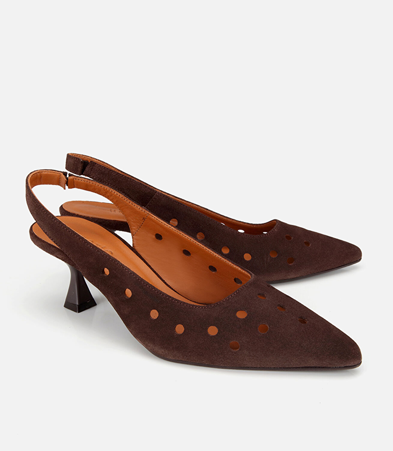 Kadın Süet Deri Kahverengi Delikli Arkası Açık Kısa Topuklu Stiletto