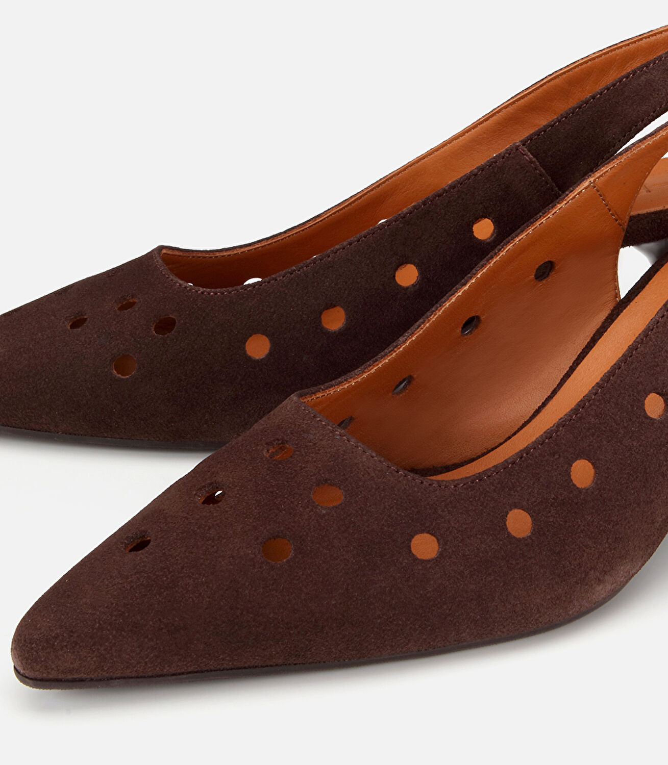 Kadın Süet Deri Kahverengi Delikli Arkası Açık Kısa Topuklu Stiletto