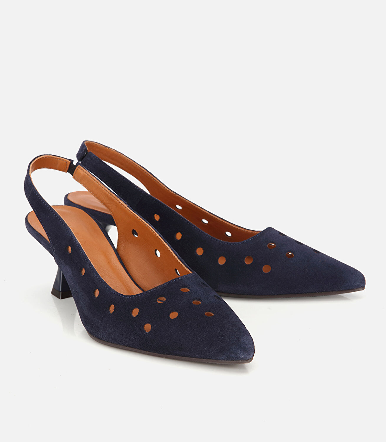 Kadın Süet Deri Lacivert Delikli Arkası Açık Kısa Topuklu Stiletto