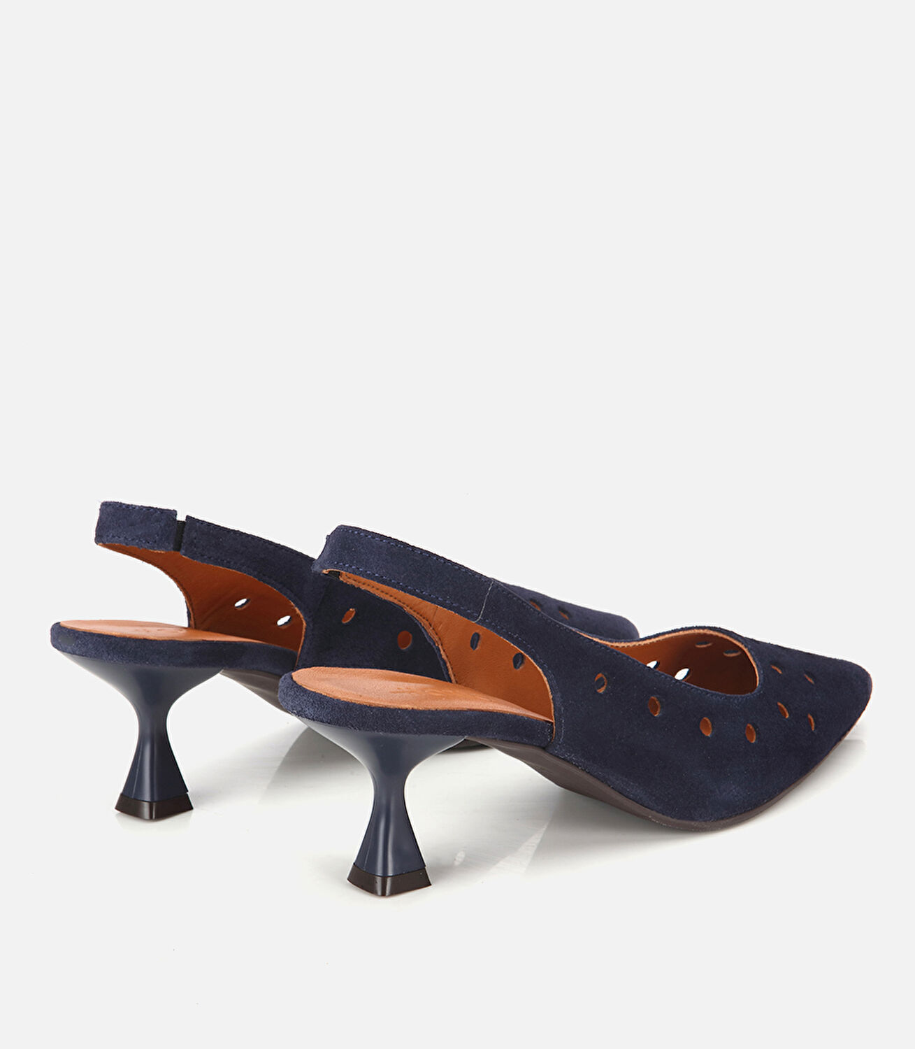 Kadın Süet Deri Lacivert Delikli Arkası Açık Kısa Topuklu Stiletto
