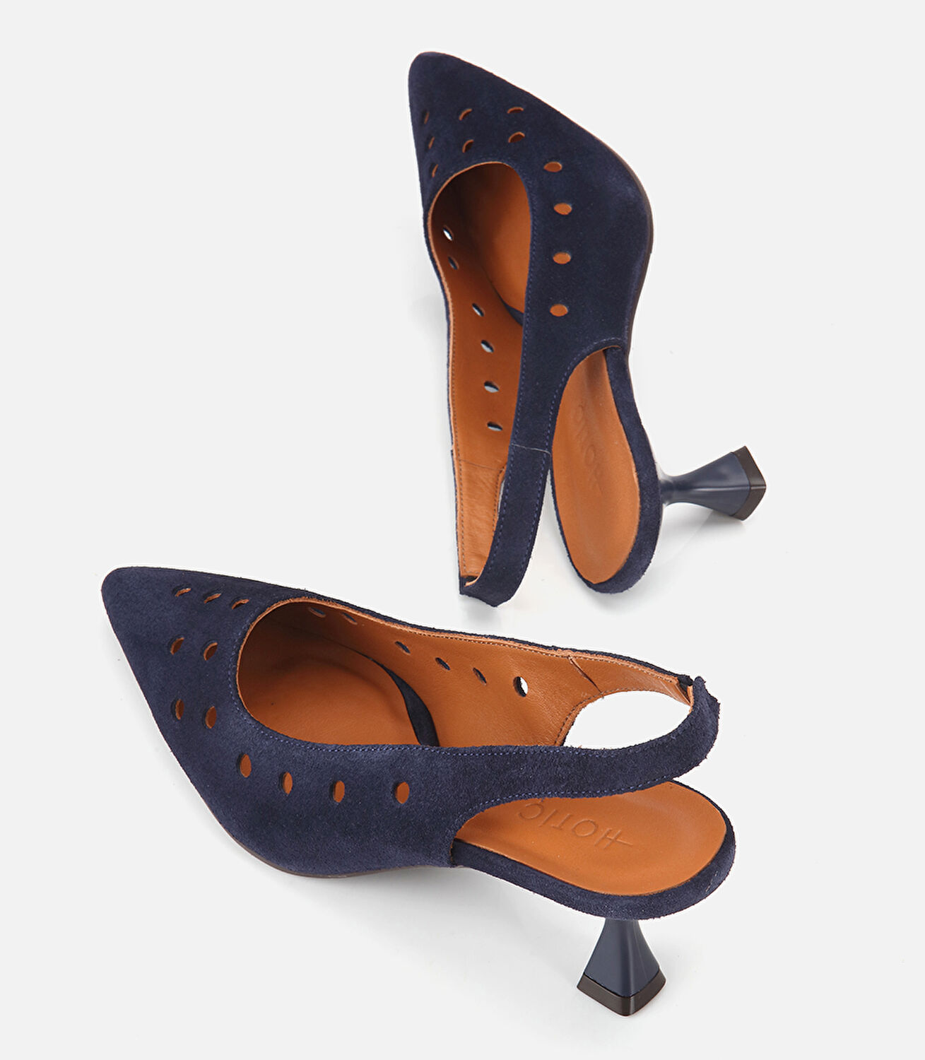 Kadın Süet Deri Lacivert Delikli Arkası Açık Kısa Topuklu Stiletto