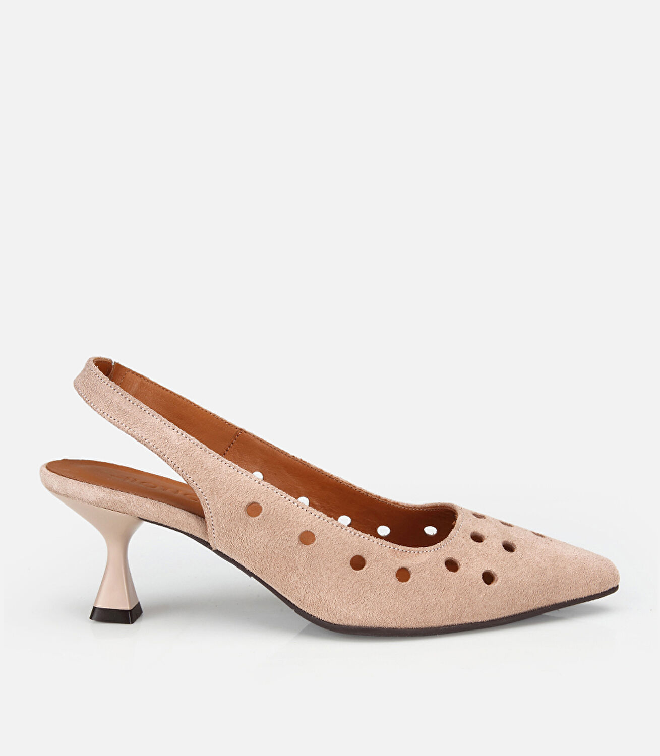 Kadın Süet Deri Bej Delikli Arkası Açık Kısa Topuklu Stiletto