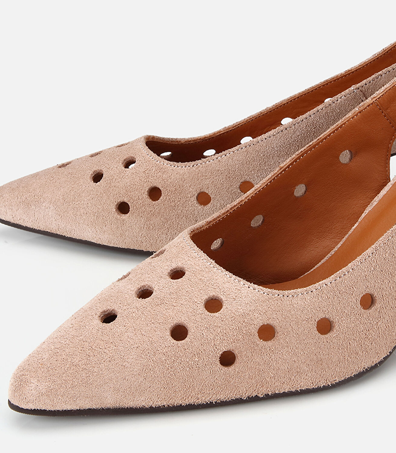 Kadın Süet Deri Bej Delikli Arkası Açık Kısa Topuklu Stiletto