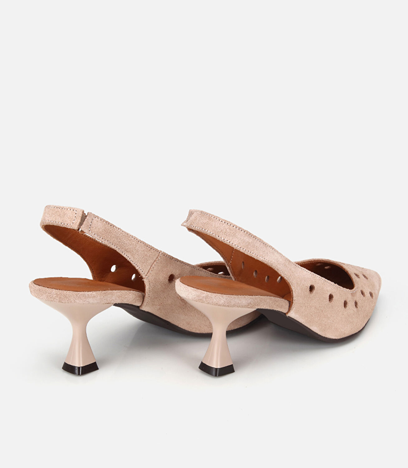 Kadın Süet Deri Bej Delikli Arkası Açık Kısa Topuklu Stiletto