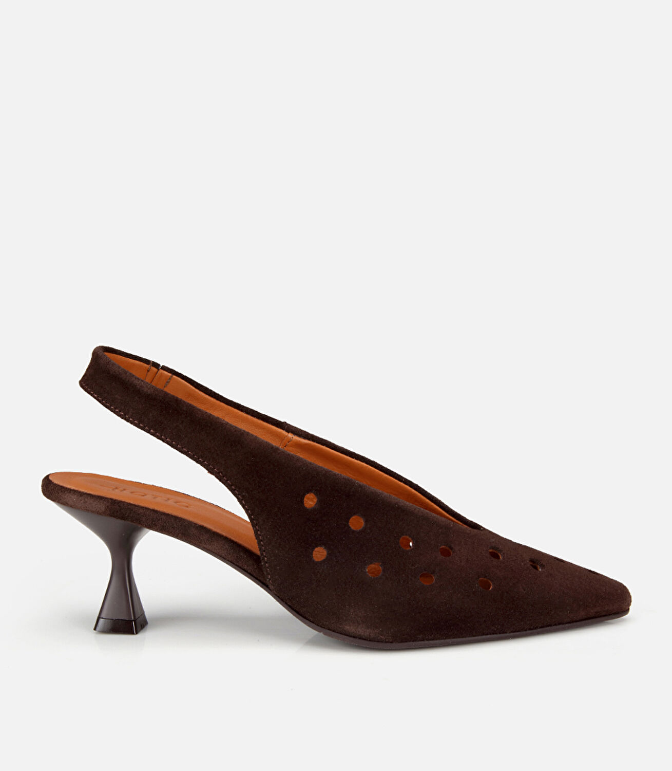 Kadın Süet Deri Kahverengi Delikli  Sivri Burunlu Arkası Açık Kısa Topuklu Stiletto