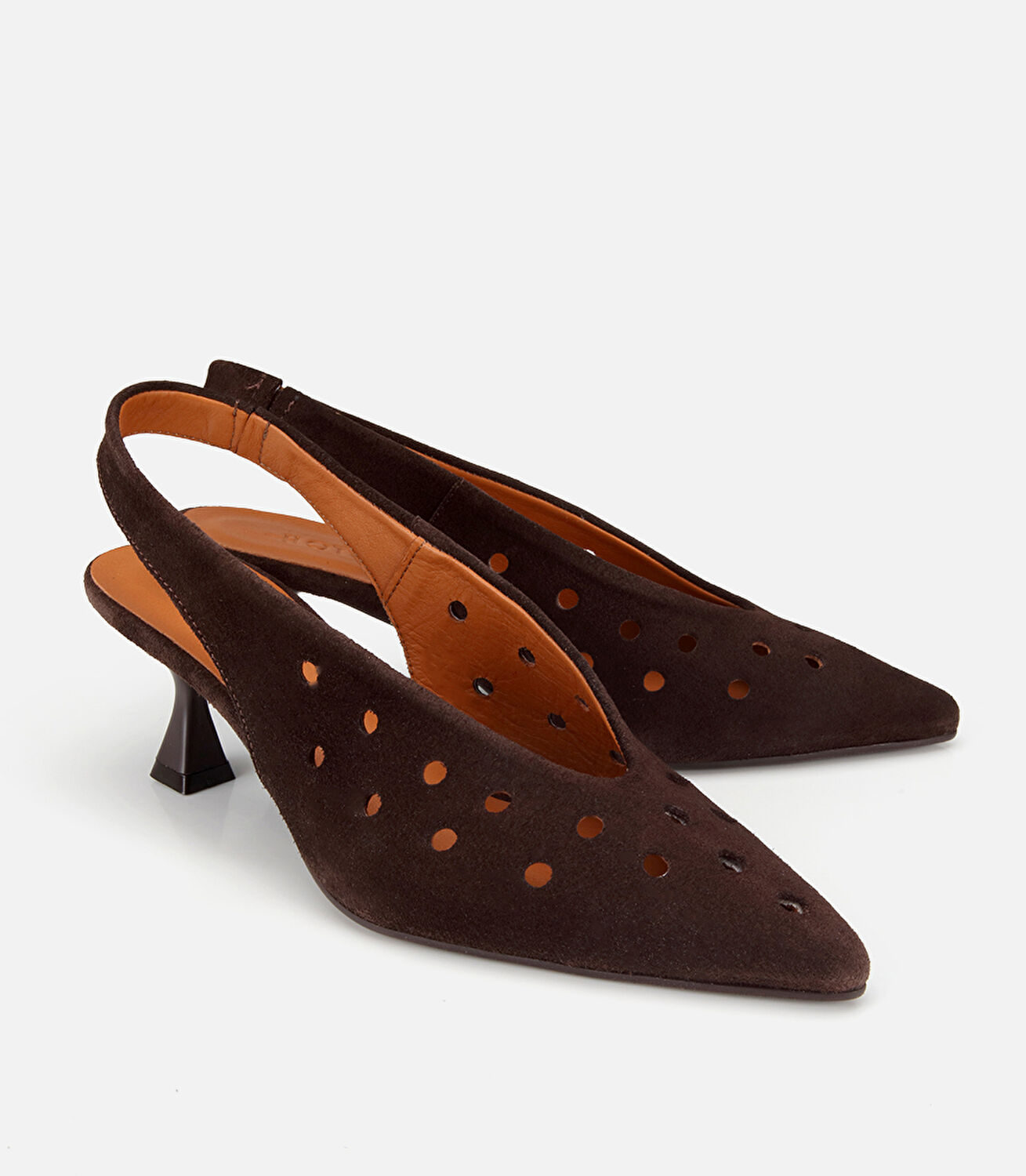 Kadın Süet Deri Kahverengi Delikli  Sivri Burunlu Arkası Açık Kısa Topuklu Stiletto