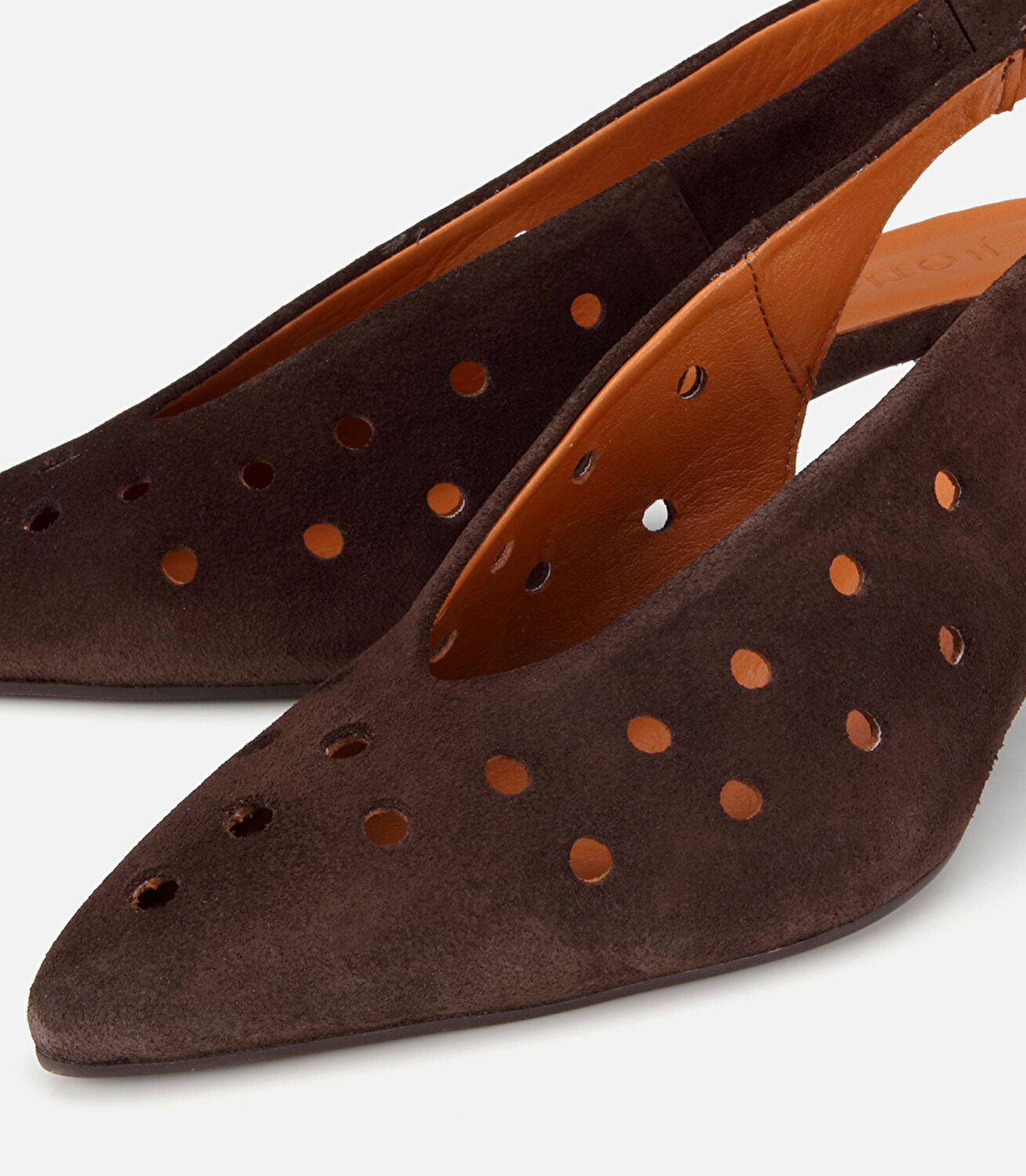 Kadın Süet Deri Kahverengi Delikli  Sivri Burunlu Arkası Açık Kısa Topuklu Stiletto