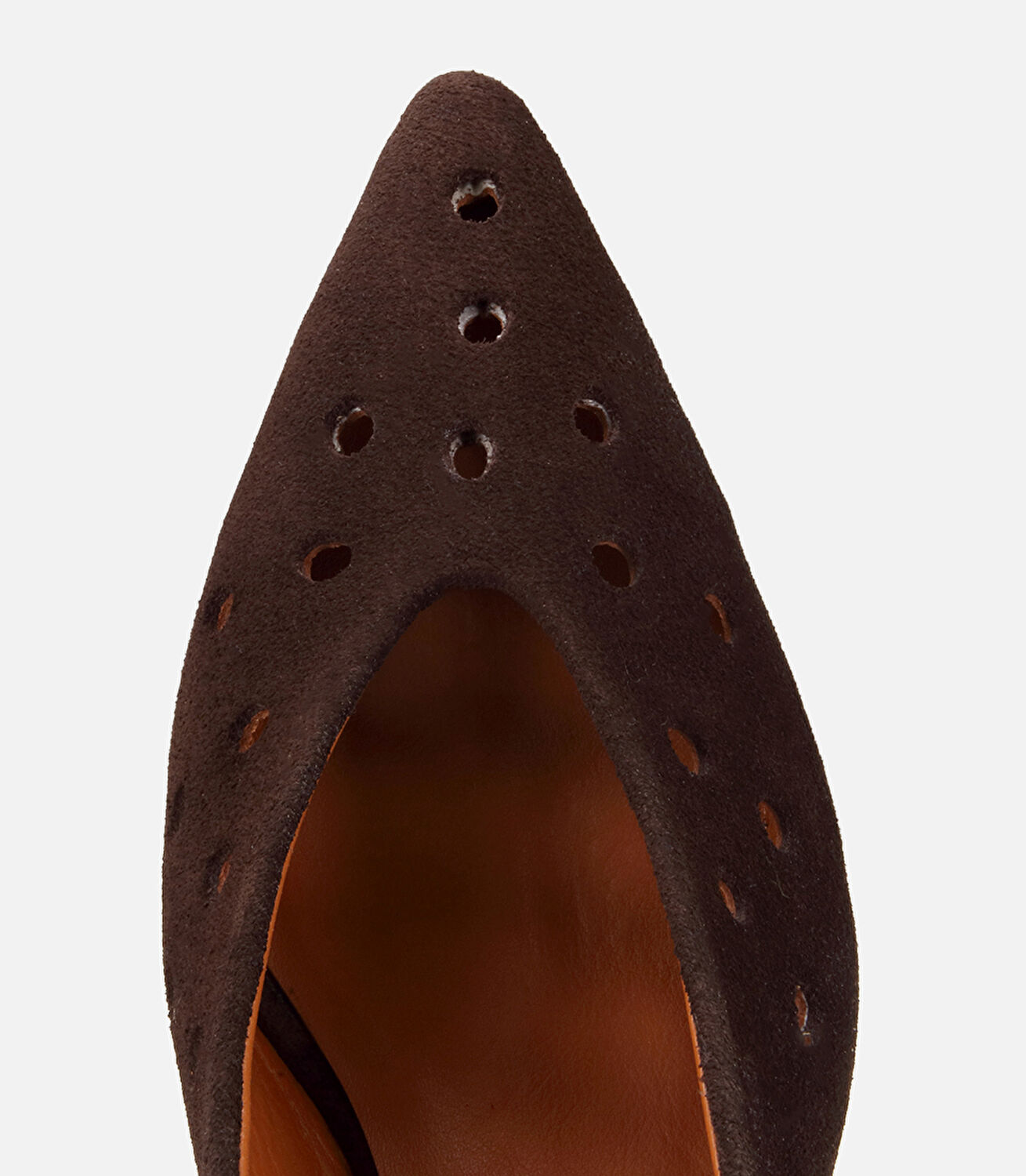 Kadın Süet Deri Kahverengi Delikli  Sivri Burunlu Arkası Açık Kısa Topuklu Stiletto