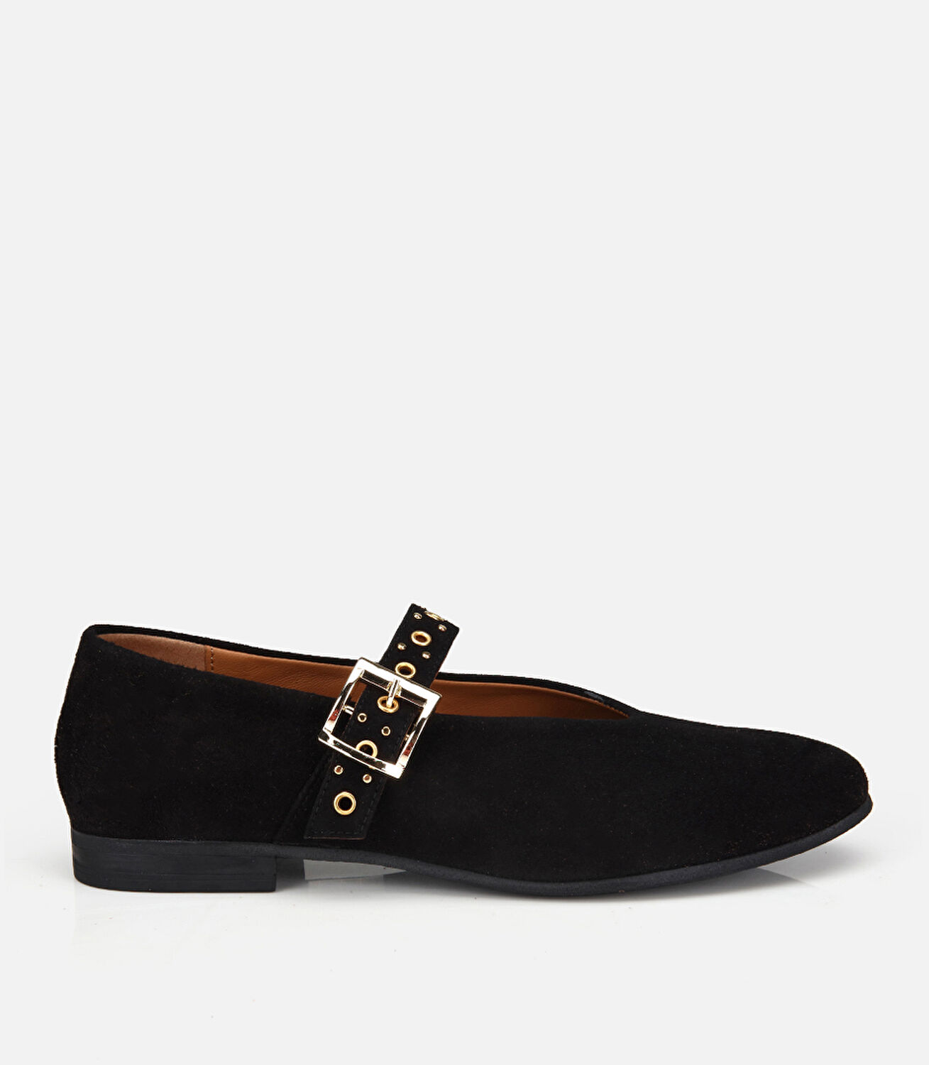 Kadın Süet Deri Siyah Gold Tokalı Tek Bantlı Babet