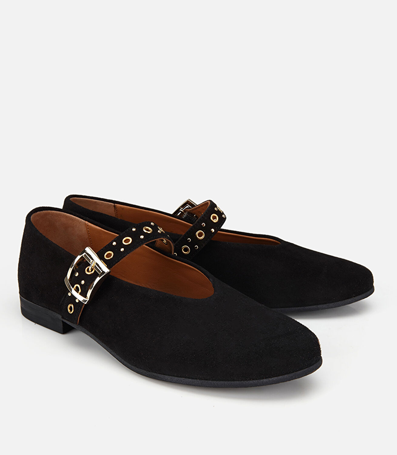 Kadın Süet Deri Siyah Gold Tokalı Tek Bantlı Babet