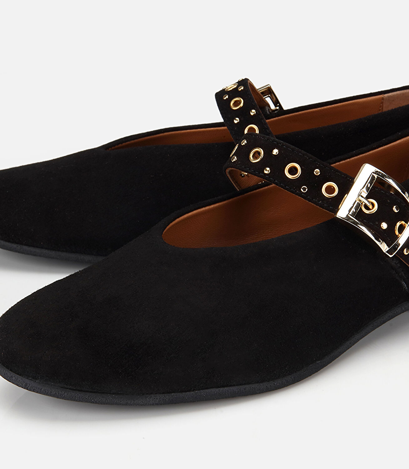 Kadın Süet Deri Siyah Gold Tokalı Tek Bantlı Babet