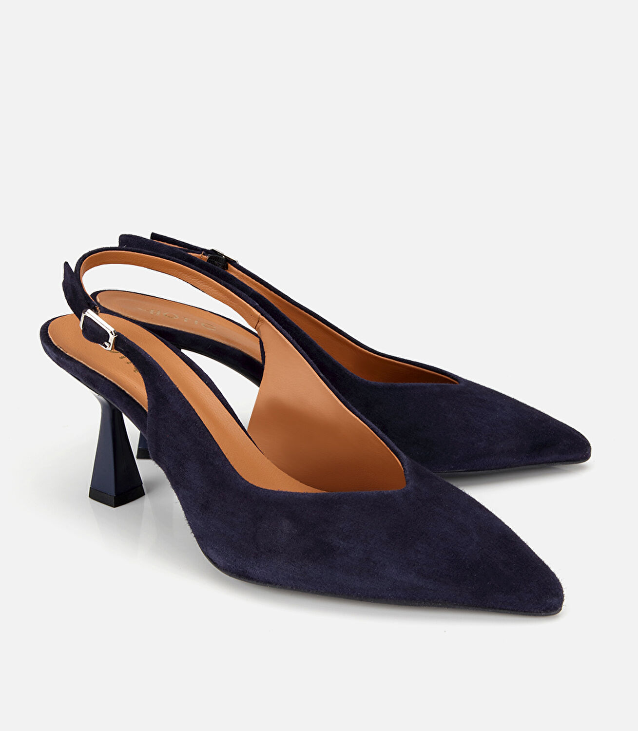 Kadın Süet Deri Lacivert Sivri Burunlu Arkası Açık Kısa Topuklu Stiletto