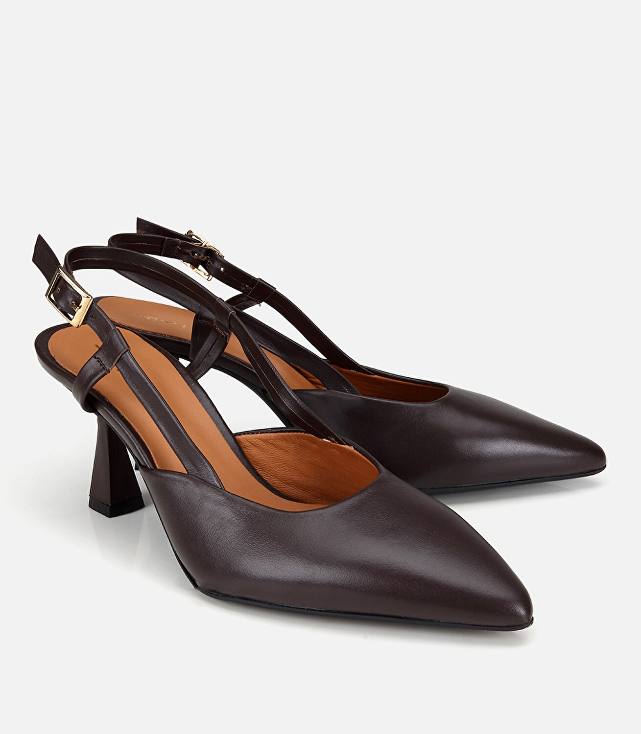 Kadın Deri Kahverengi Bantlı Arkası Açık Kısa Topuklu Stiletto