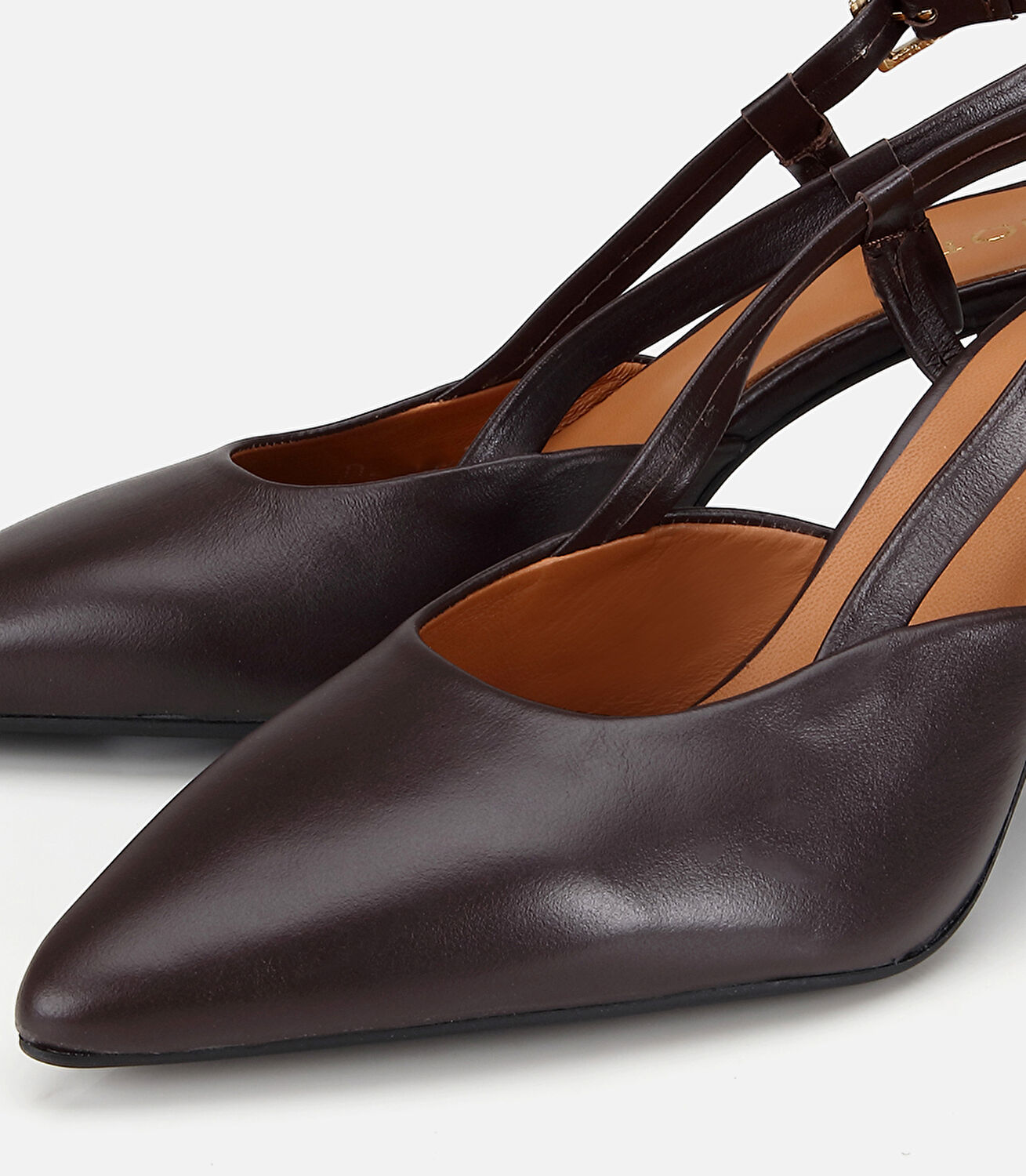 Kadın Deri Kahverengi Bantlı Arkası Açık Kısa Topuklu Stiletto