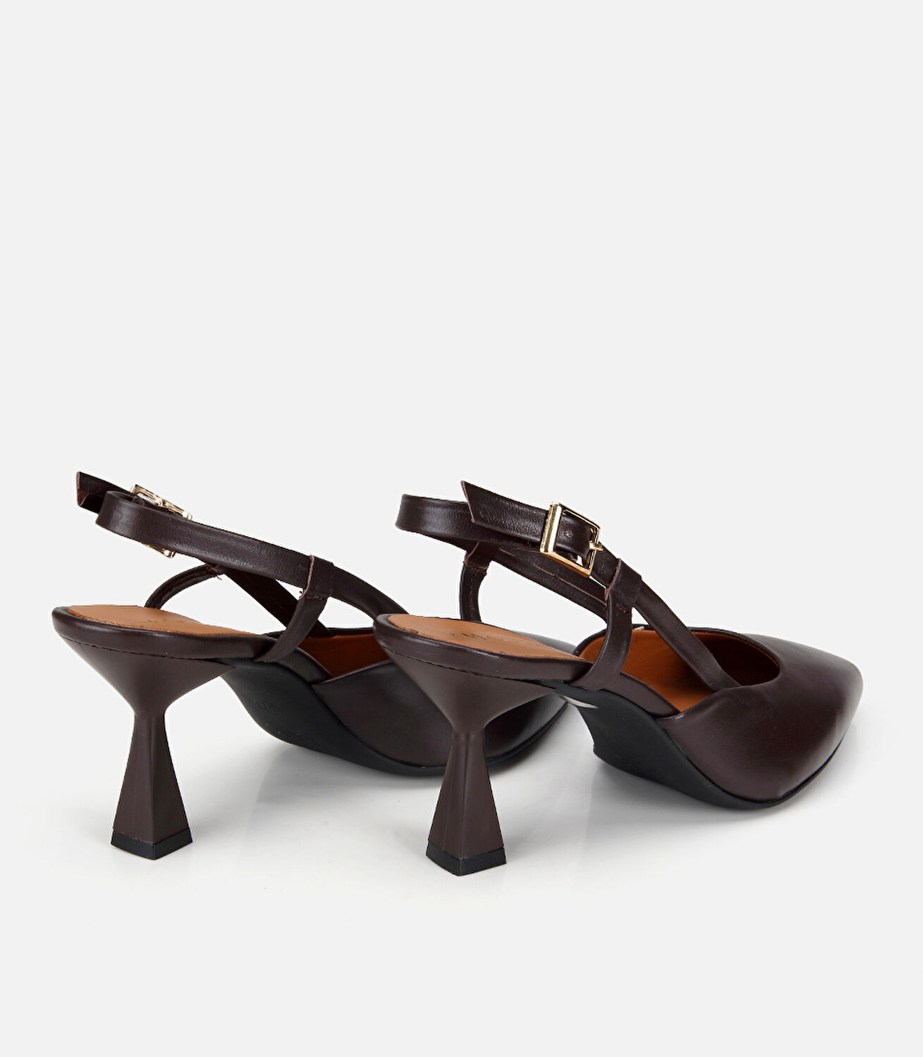 Kadın Deri Kahverengi Bantlı Arkası Açık Kısa Topuklu Stiletto