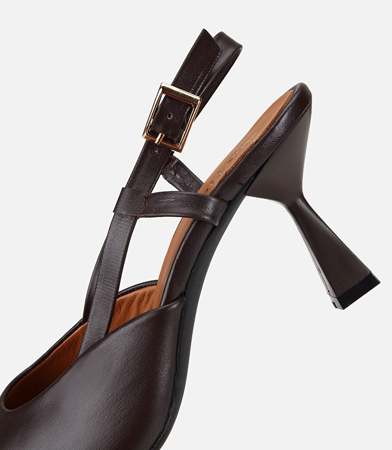 Kadın Deri Kahverengi Bantlı Arkası Açık Kısa Topuklu Stiletto