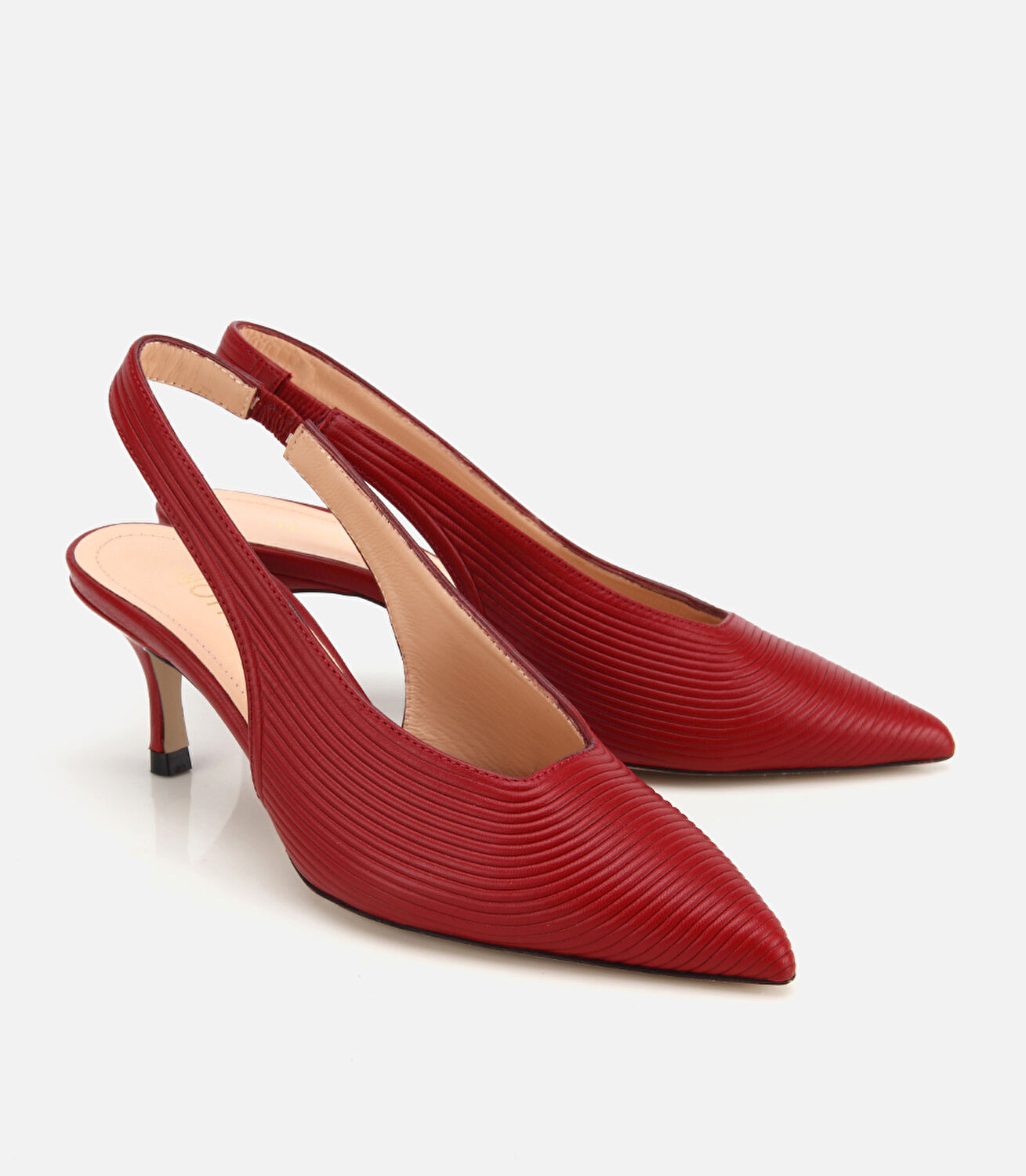 Kadın Deri Kırmızı Dokulu Yumuşak Arkası Açık Kısa Topuklu Stiletto