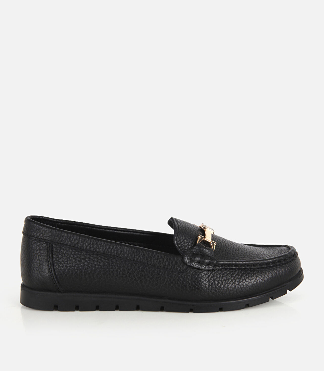 Kadın Deri Siyah Gold Toka Detaylı Comfort Günlük Loafer