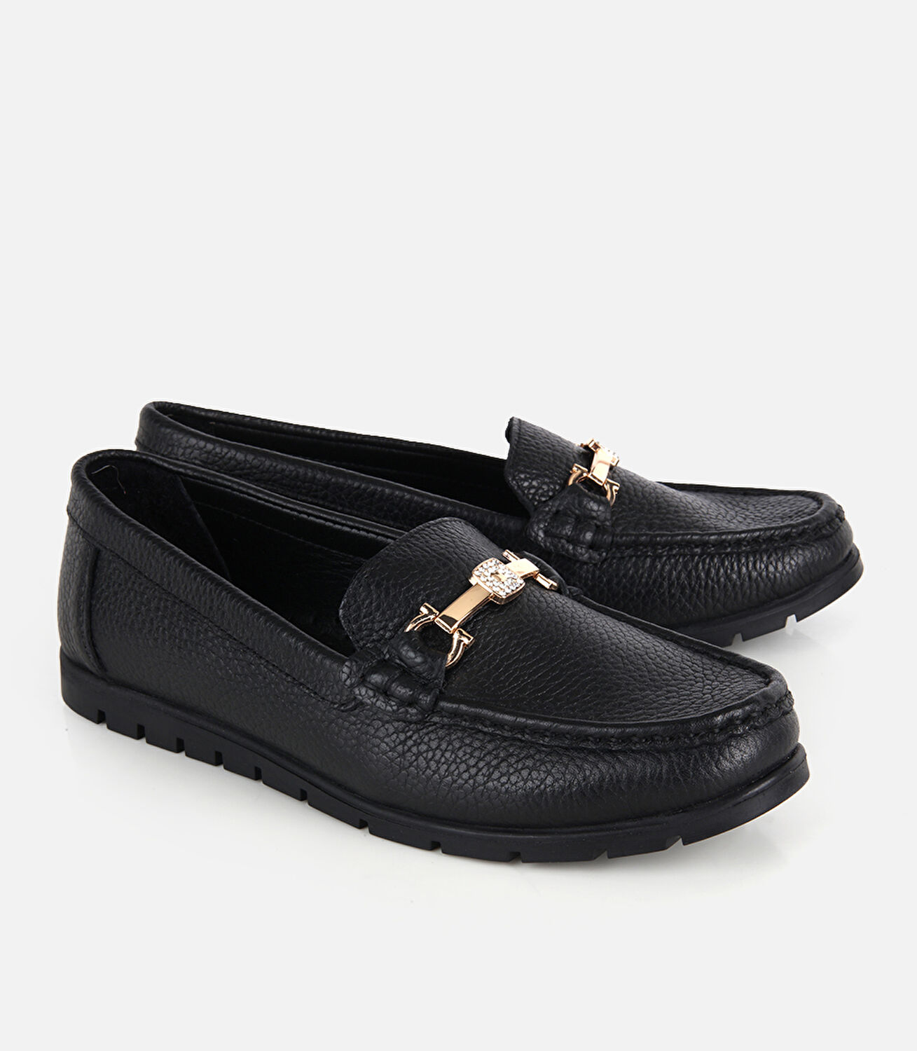 Kadın Deri Siyah Gold Toka Detaylı Comfort Günlük Loafer