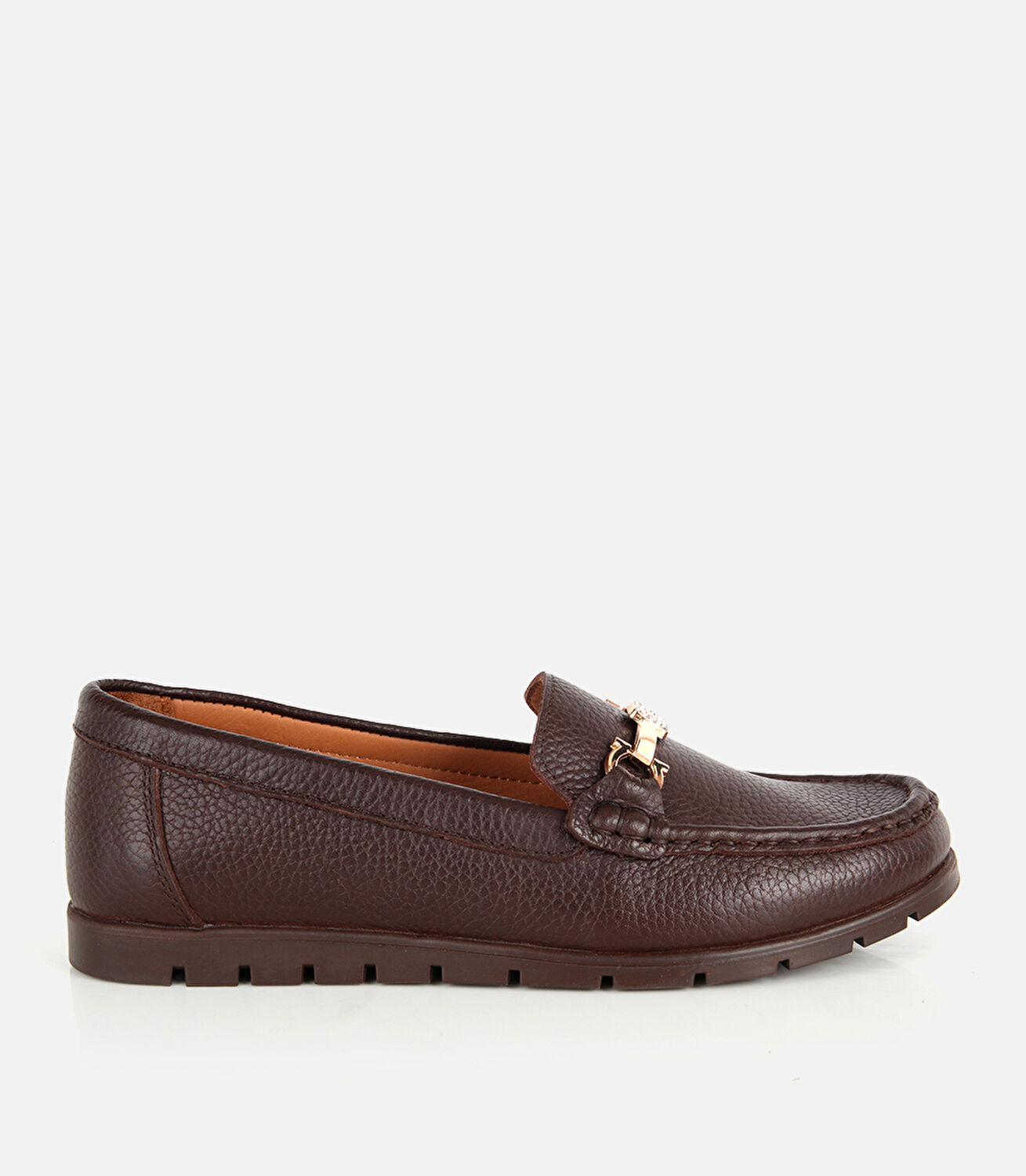 Kadın Deri Kahverengi Gold Toka Detaylı Comfort Günlük Loafer