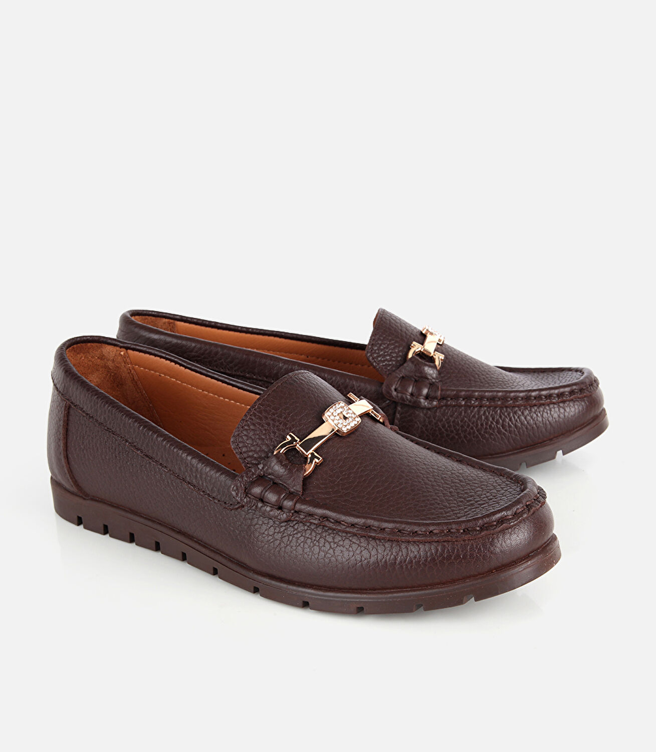 Kadın Deri Kahverengi Gold Toka Detaylı Comfort Günlük Loafer