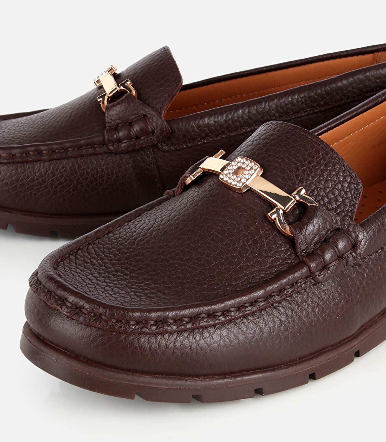 Kadın Deri Kahverengi Gold Toka Detaylı Comfort Günlük Loafer