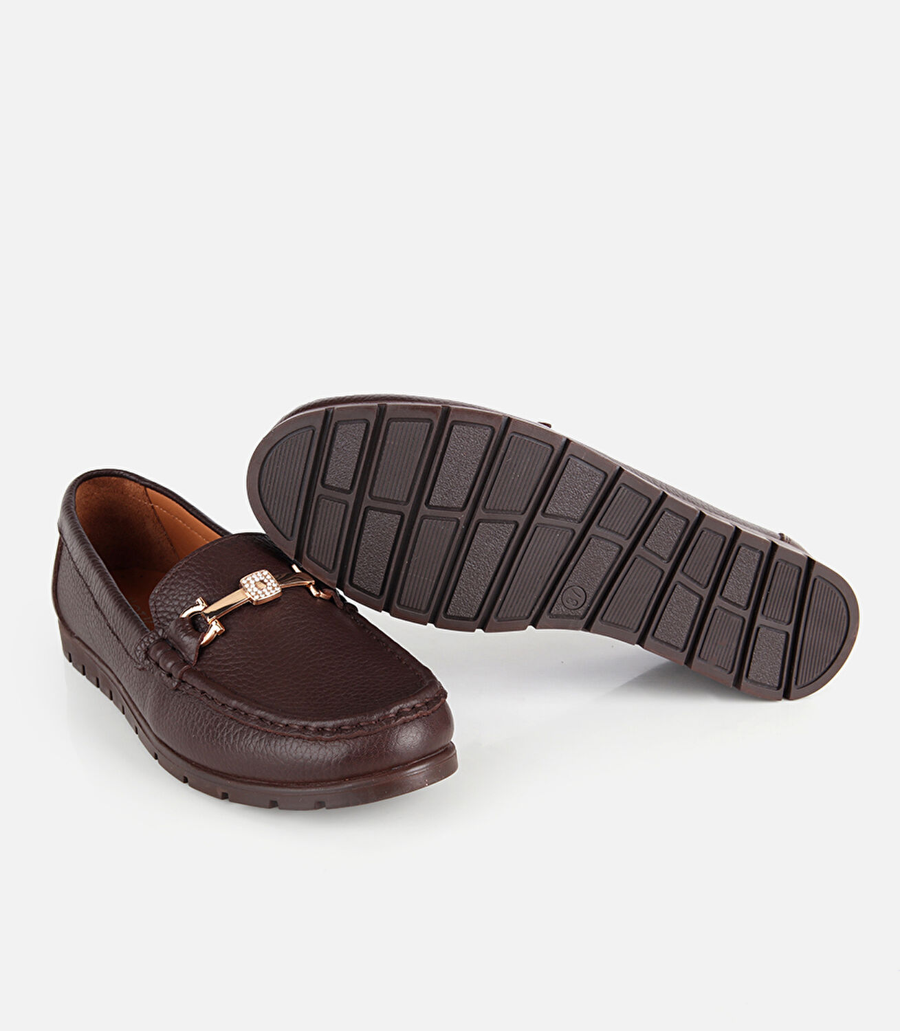 Kadın Deri Kahverengi Gold Toka Detaylı Comfort Günlük Loafer
