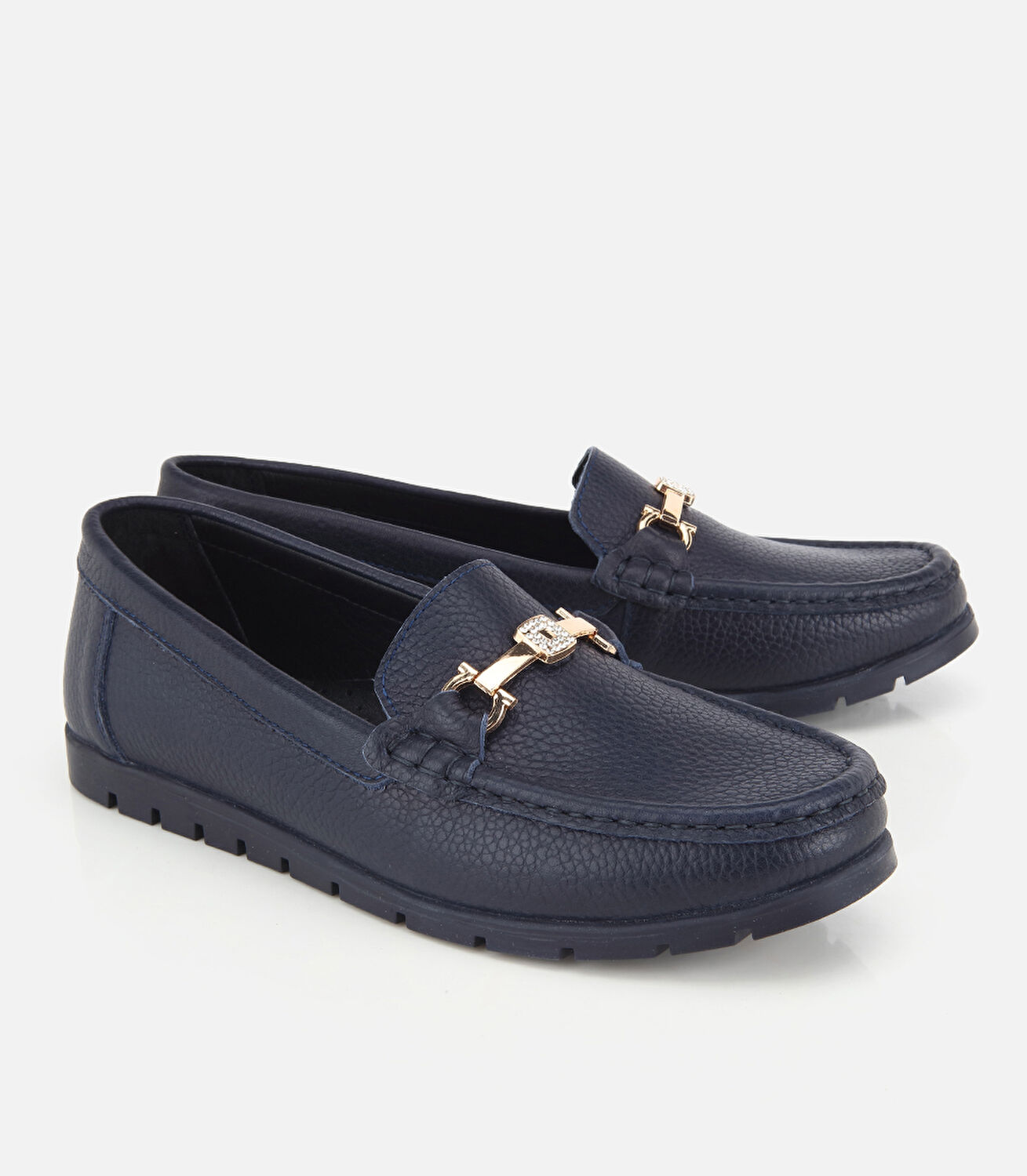 Kadın Deri Lacivert Gold Toka Detaylı Comfort Günlük Loafer