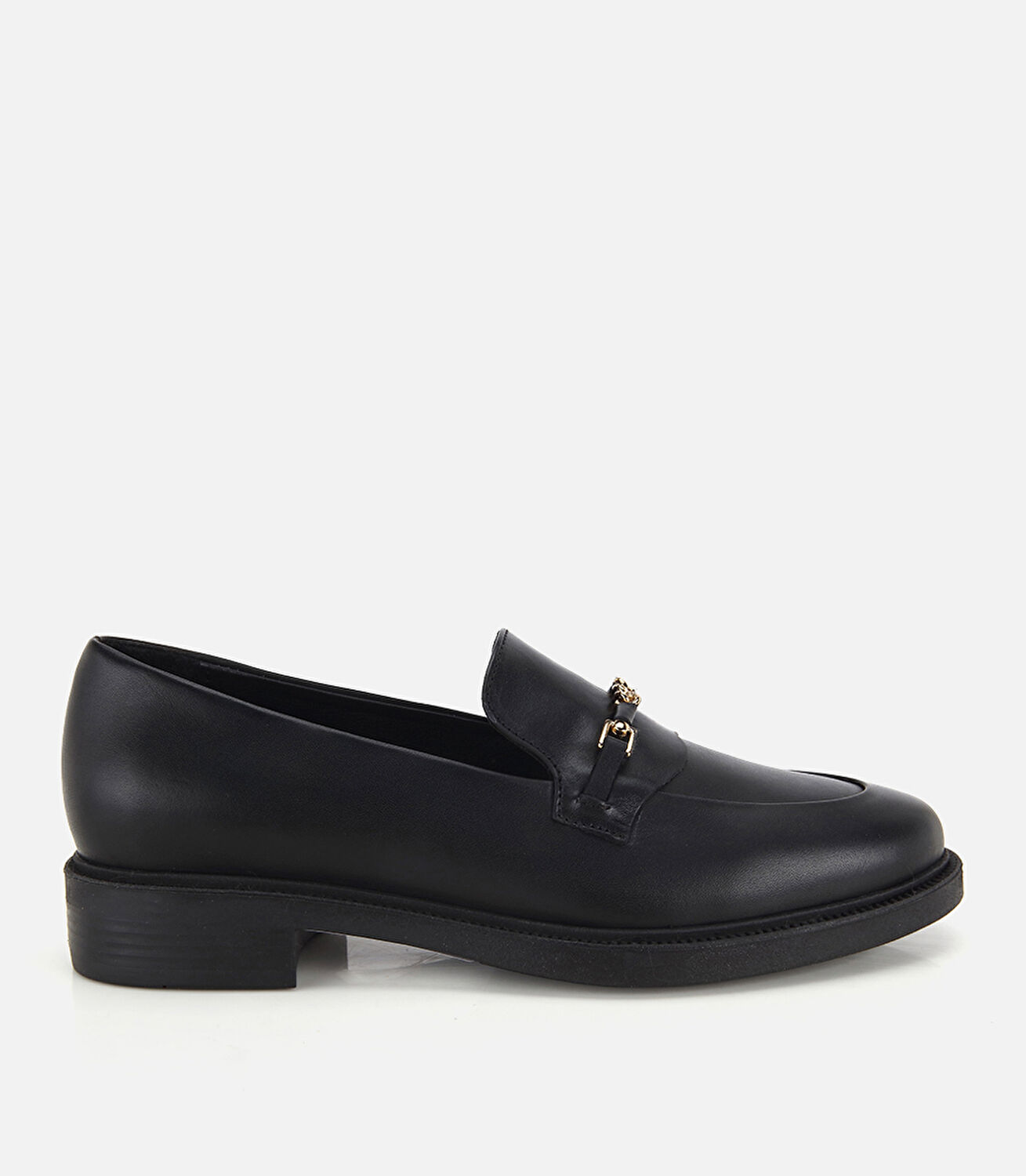 Kadın Deri Siyah Zincir Gold Detaylı Klasik Loafer