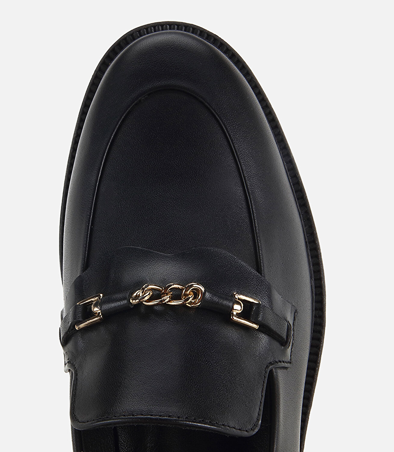 Kadın Deri Siyah Zincir Gold Detaylı Klasik Loafer