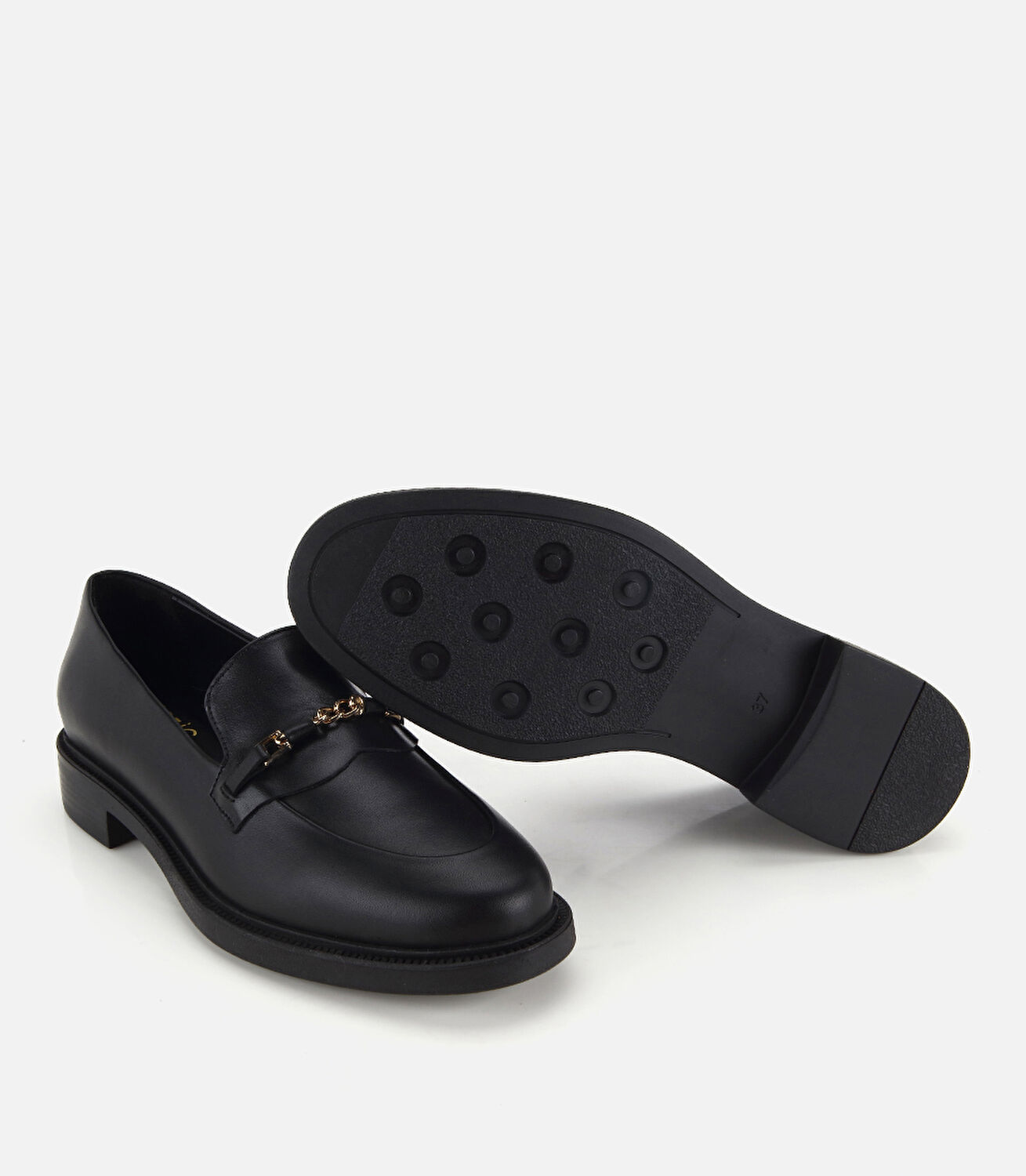 Kadın Deri Siyah Zincir Gold Detaylı Klasik Loafer