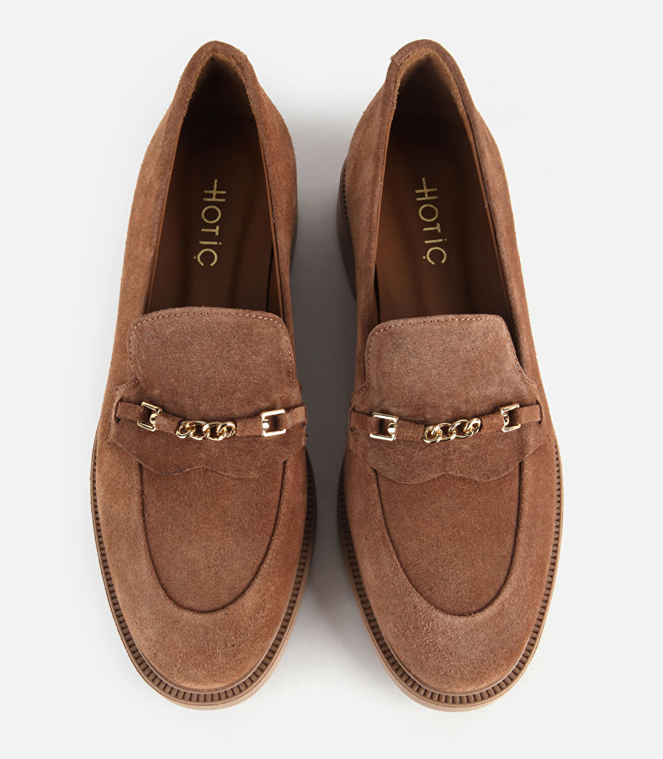 Kadın Süet Deri Taba Gold Zincir Detaylı Günlük Mokasen Loafer